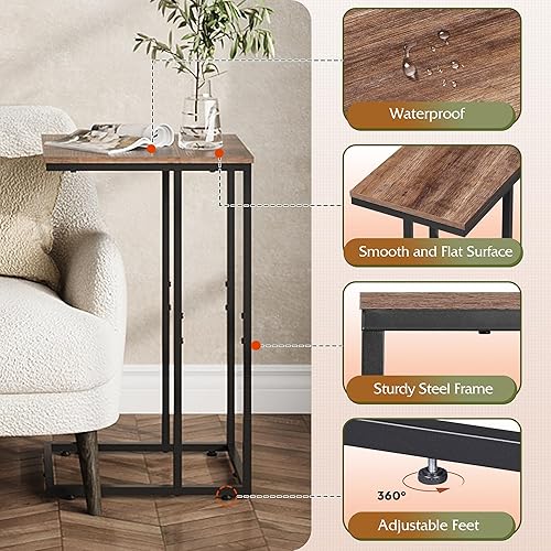 Miniatura 6 de WLIVE Juego de 2 mesas auxiliares en forma de C, mesa auxiliar C para sofá, bandejas de TV, juego de 2, mesas auxiliares de sofá que se deslizan por