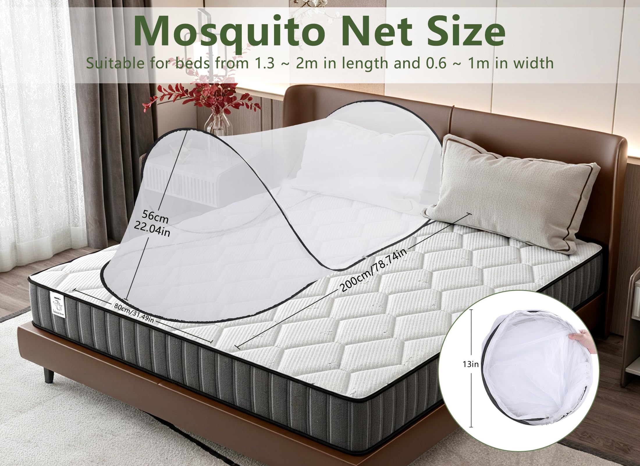 78 x 32 x 22 pollici zanzariera letto, zanzariera portatile pieghevole, zanzariera da viaggio con fondo in rete, per letto da campeggio e viaggio in patio (nero con fondo)