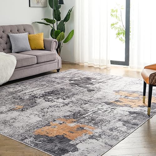 OIGAE Machine Washable Rug 5' x 7', Ultra-Thin Abstract Modern Area Rug Stain Resistant Anti Slip Backing Rugs for Living Room Bedroom, Grey, Yellow
