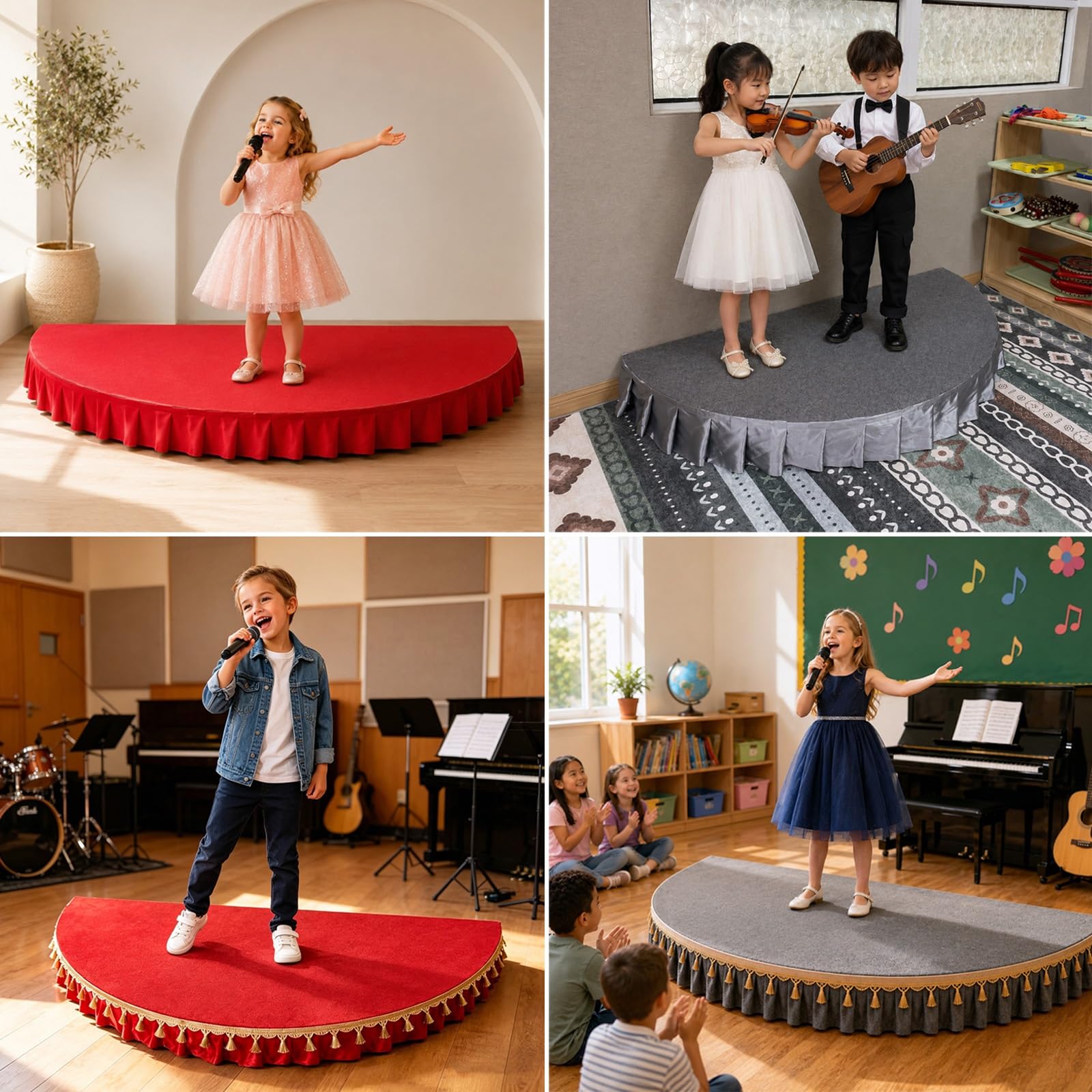 Palco semicircolare portatile per bambini, piattaforma per palcoscenico inclusa, grembiule, elevata capacità di carico, ideale per ospitare discorsi in pubblico e canti(Red B,100x50cm)