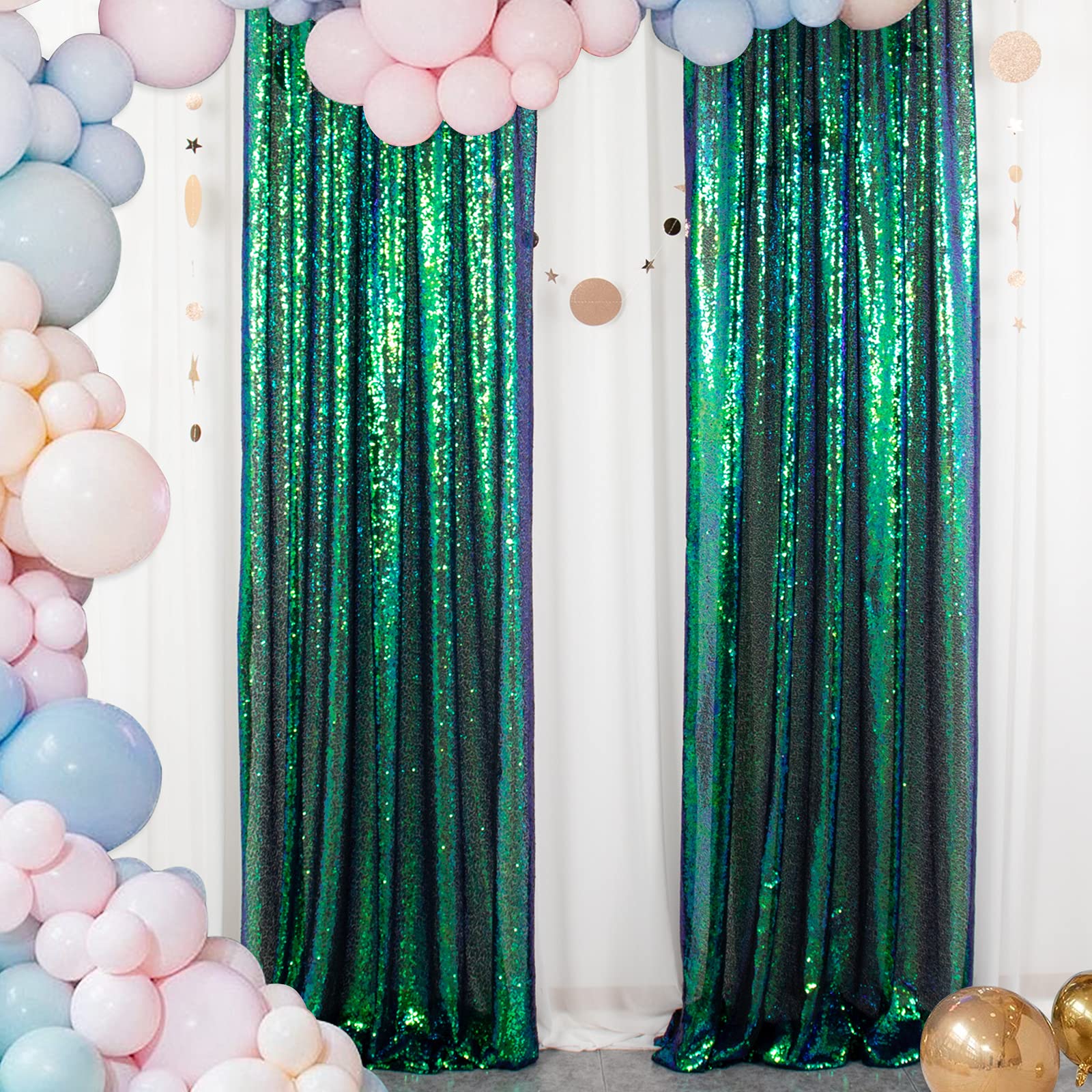 ShinyBeauty Sequin Curtains 2 Panels 2FTx8FT Iridescent Green Photo Booth Backdrop Prom Backgrounds Baby Shower Backdrop Wedding Ceremony Birthday