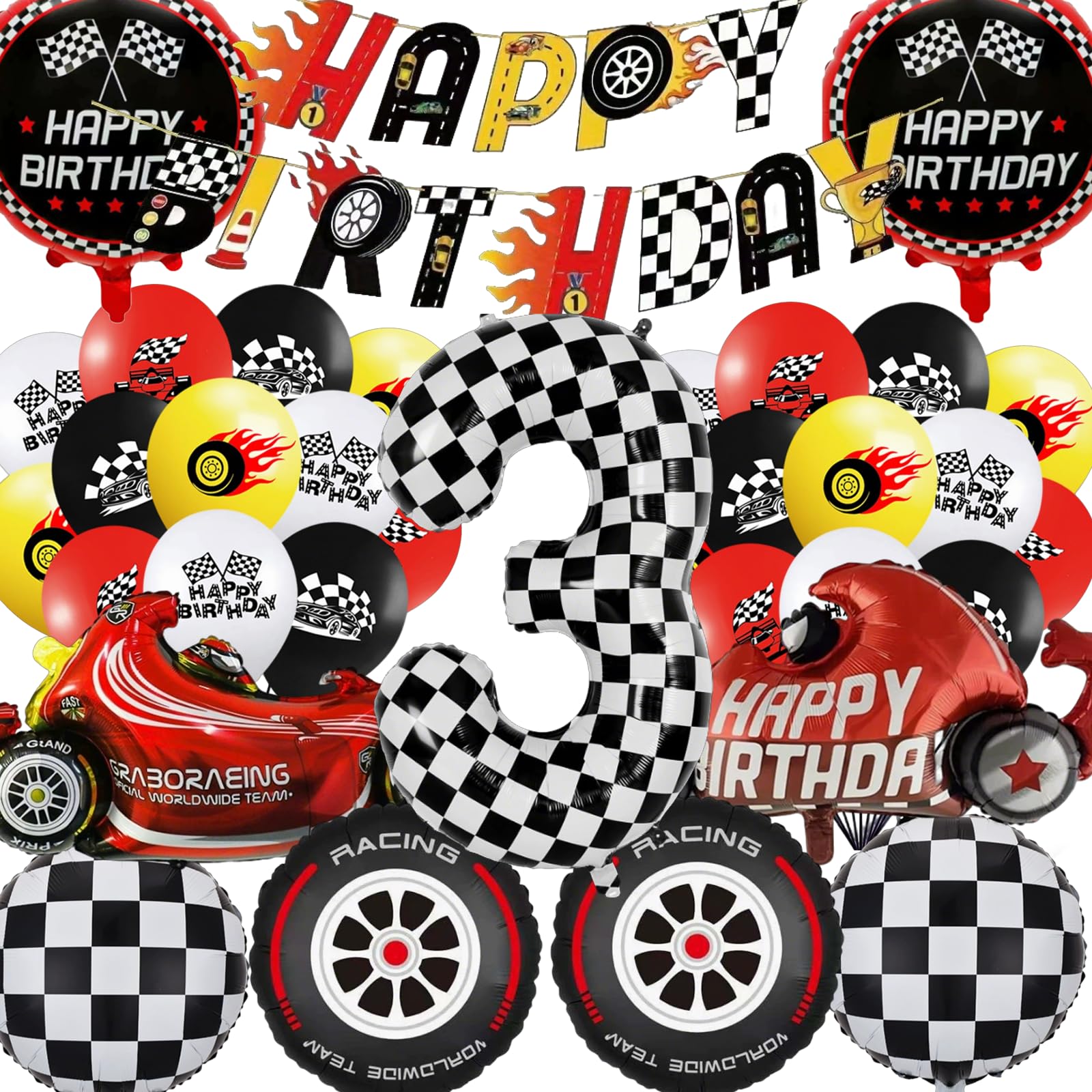 Race Car 3th Birthday Decorations - Boy Racing Car Themed Balloons Banners Decoration Happy 3th Birthday Banner Checkered Flag Foil Number 3 & Car Balloons for Boy Girl Party Supplies