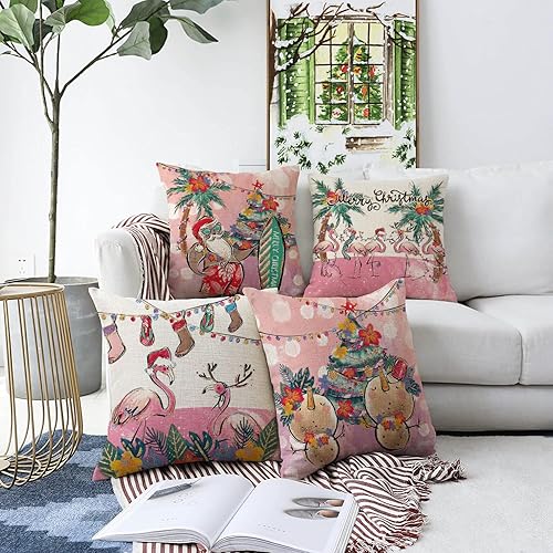 Miniatura 2 de GAGEC Juego de 4 fundas de almohada de Navidad de 18 x 18 pulgadas, fundas de almohada hawaianas de Papá Noel, muñeco de nieve rosa, Navidad,