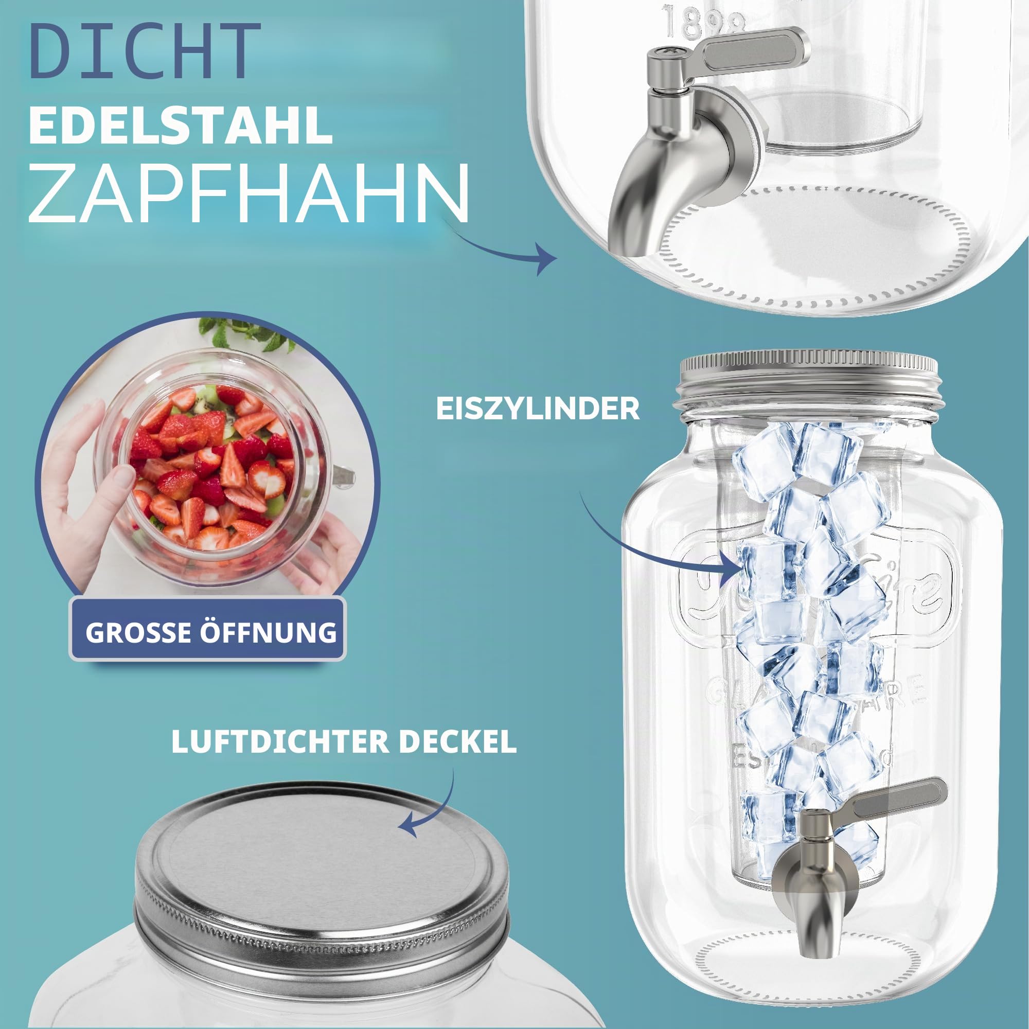 HEFTMAN Getränkespender aus Glas mit Zapfhahn – 3,7 Liter Mason Jar Getränkespender mit auslaufsicherem Edelstahlhahn & Eiszylinder Kühlschrank Wasserspender, Punsch, Cocktails, leerer Getränkespender