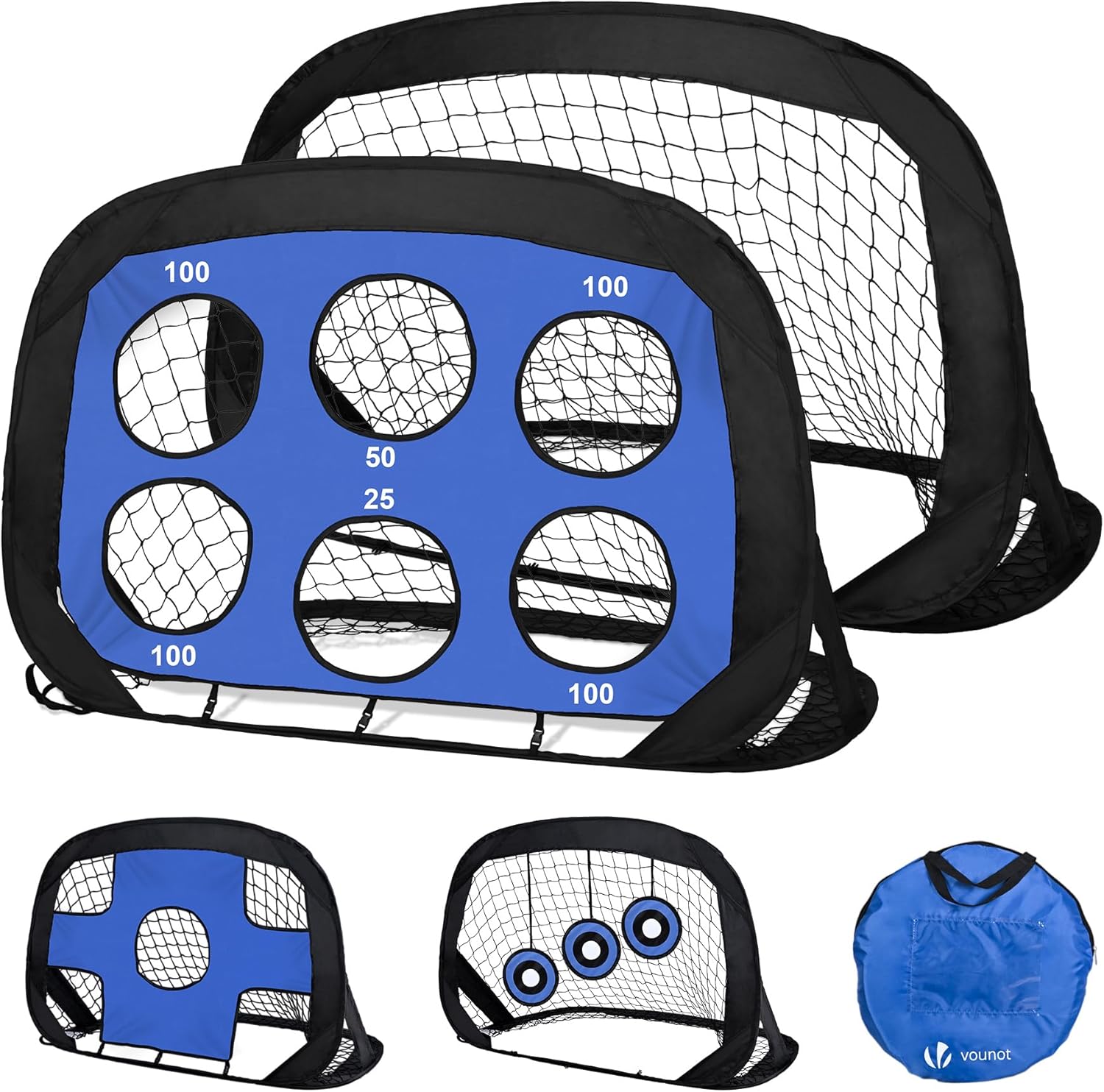 VOUNOT® Set of 2 Pop up Goals for Kids, 4-in-1 Football Net for Children, Foldable Mini Soccer Target Net, Football Training Equipment, Indoor & Outdoor
