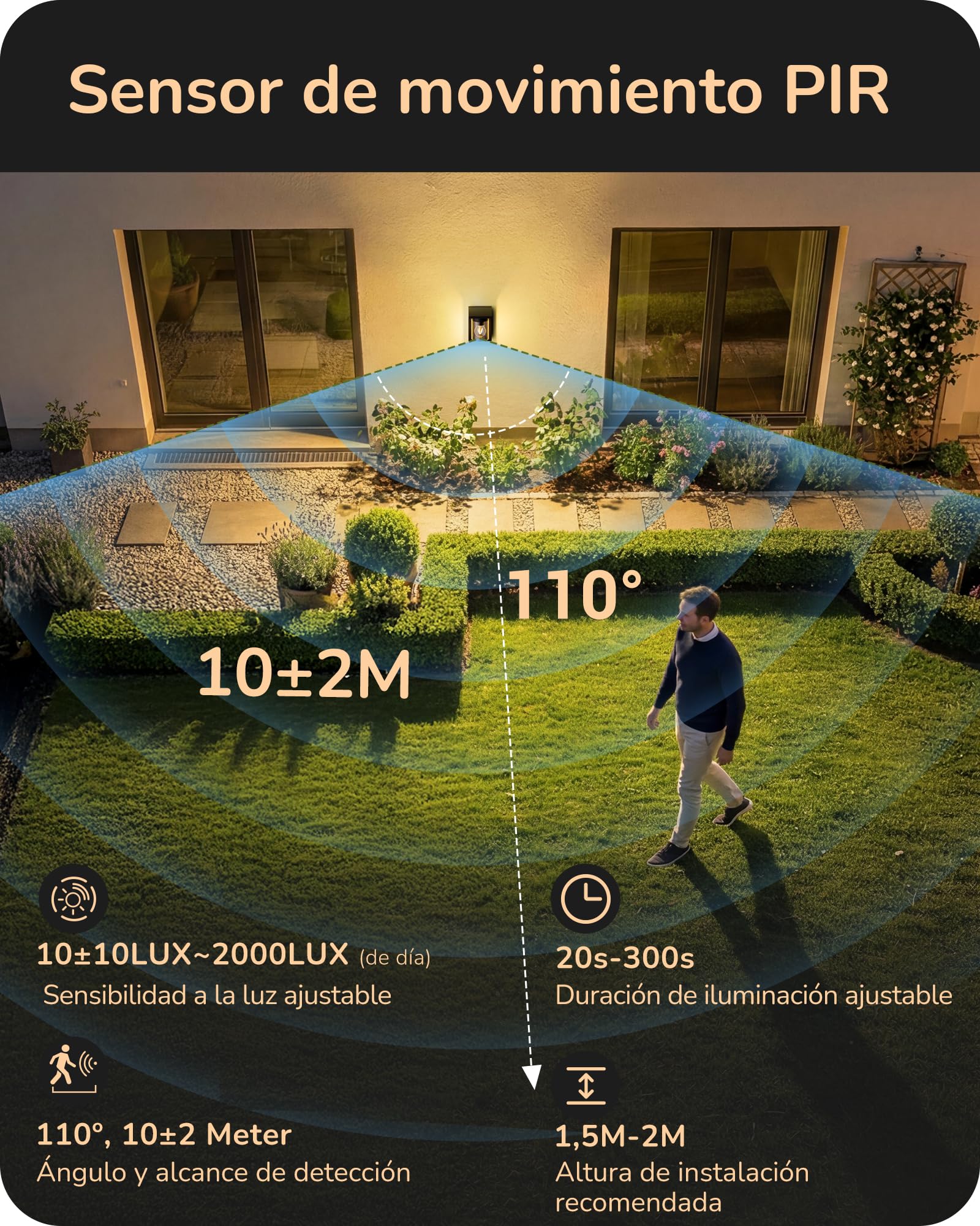 EDISHINE Aplique Exterior, Sensor Movimiento, Cristal Transparente, Negro | Casquillo E27, Impermeable IP44, Carcasa de Aluminio, Sin Bombilla, ideal para Puerta de Entrada y Fachada