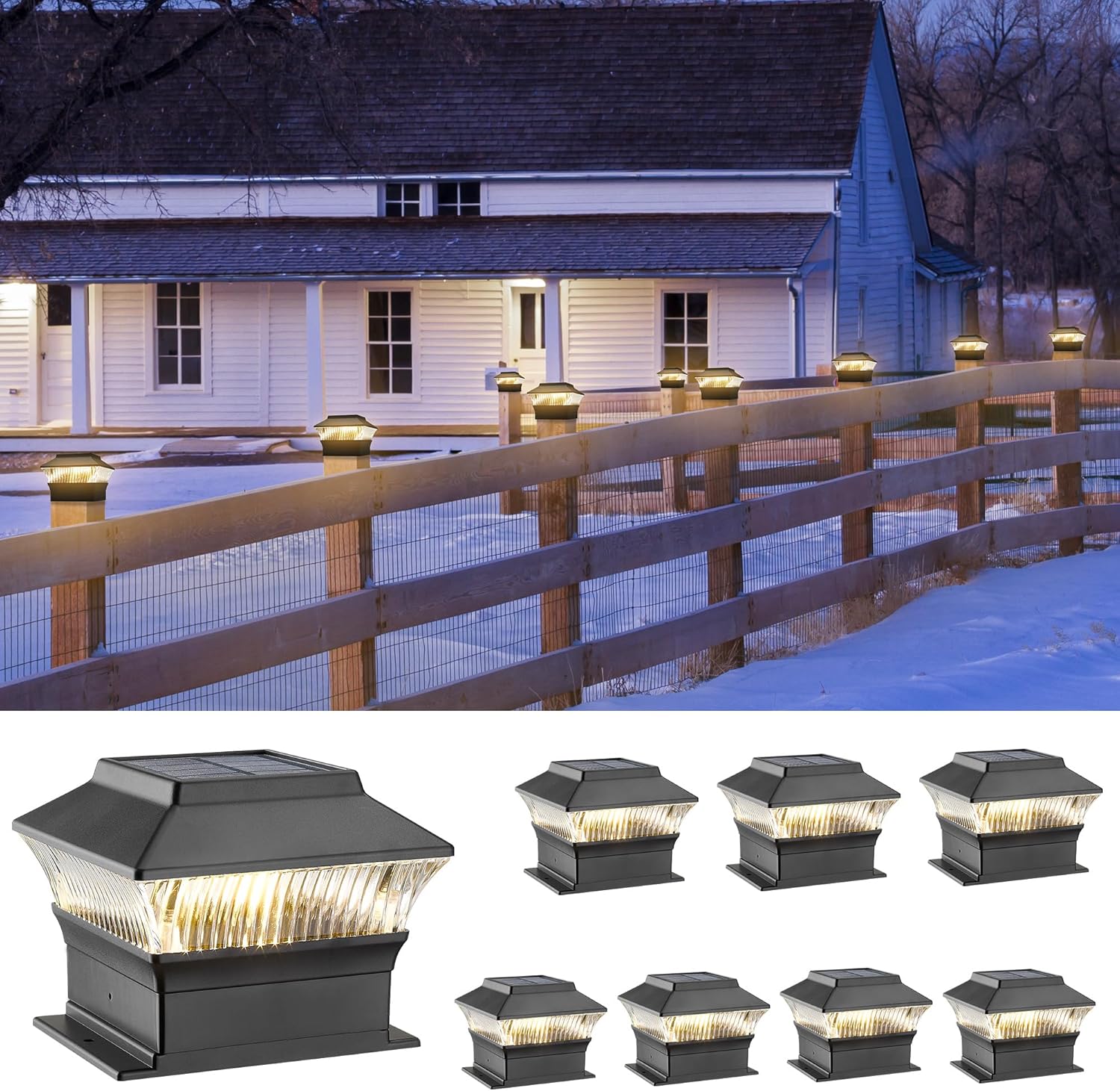 Fence Post Lights, 25 Lumens Deck Post Cap Light Solar Powered Outdoor Lighting, Fits for 4x4 or Larger Wooden Posts with 4x6 Base, 3000K Warm Light, Waterproof, Black - 8 Pack