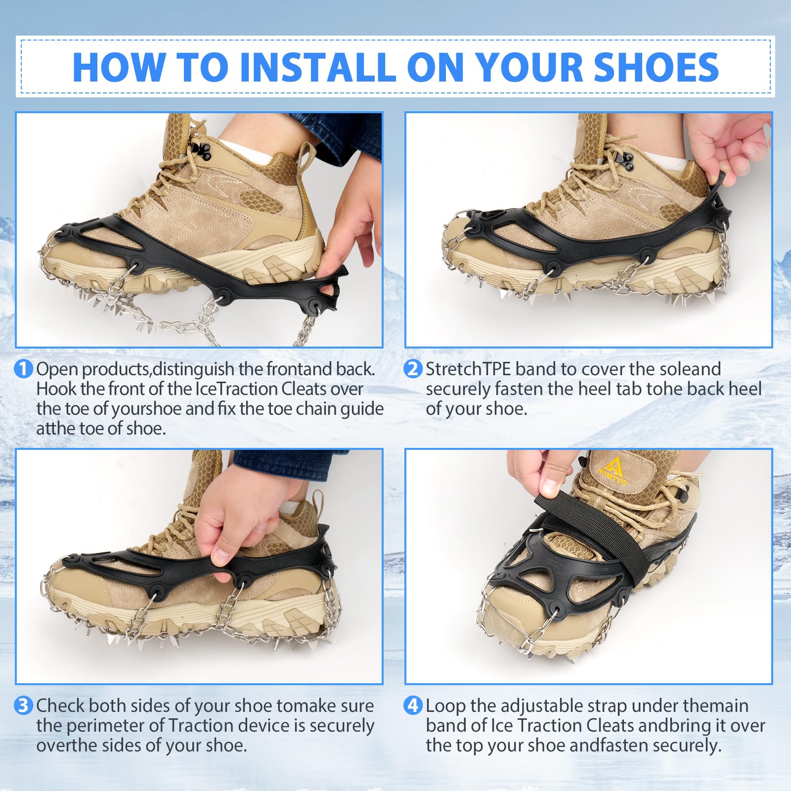 Steigeisen für Wanderschuhe, Schnee, Griffe, Schneespikes, Grödel Eisspikes mit 23 Edelstahl Zähne Verdickte Schuhkrallen, Schuhkrallen für Gehen, Joggen, Angeln, Wandern