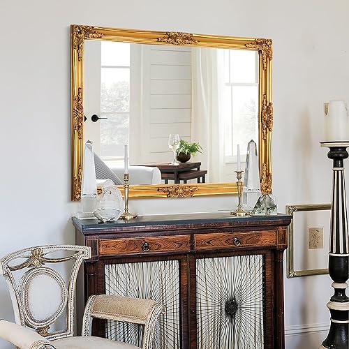 Miniatura 4 de Chende Espejo de pared decorativo de 24 x 36 pulgadas para decoración, espejo de sala de estar con marco ondulado, espejo de madera de granja