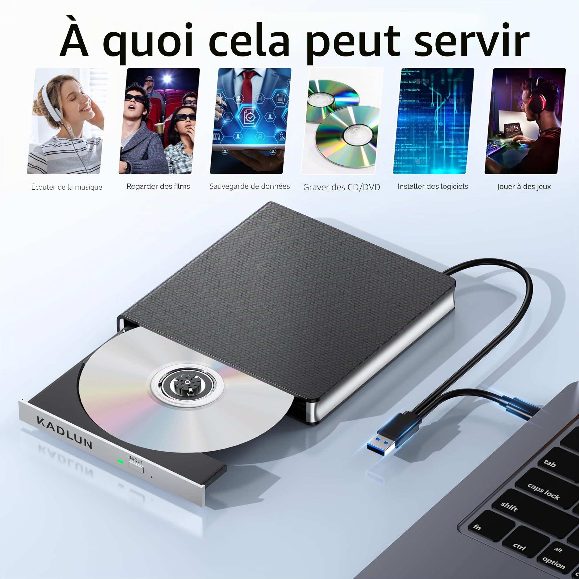 Lecteur CD DVD Externe USB 3.0 USB C Lecteur CD Externe pour Ordinateur Portable Bureau PC Macbook iMac, Graveur DVD +/-RW Lecteur Optique Externe DVD Lecteur DVD pour Windows 11/10/8/7/XP/Linux/Vista
