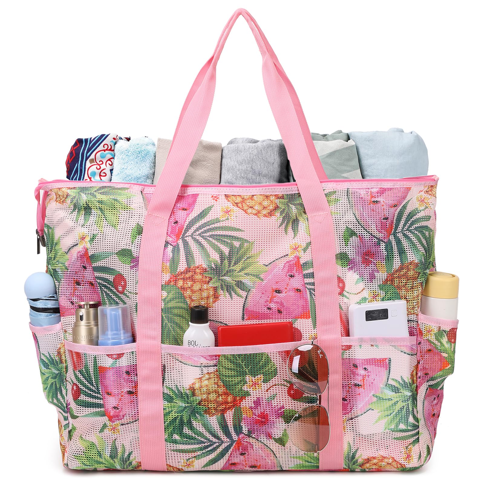 Eslcorri Mesh Beach Tote - Extra Large Beach Bag with 11 Pockets Foldable Tote Bag Women Oversized Pool