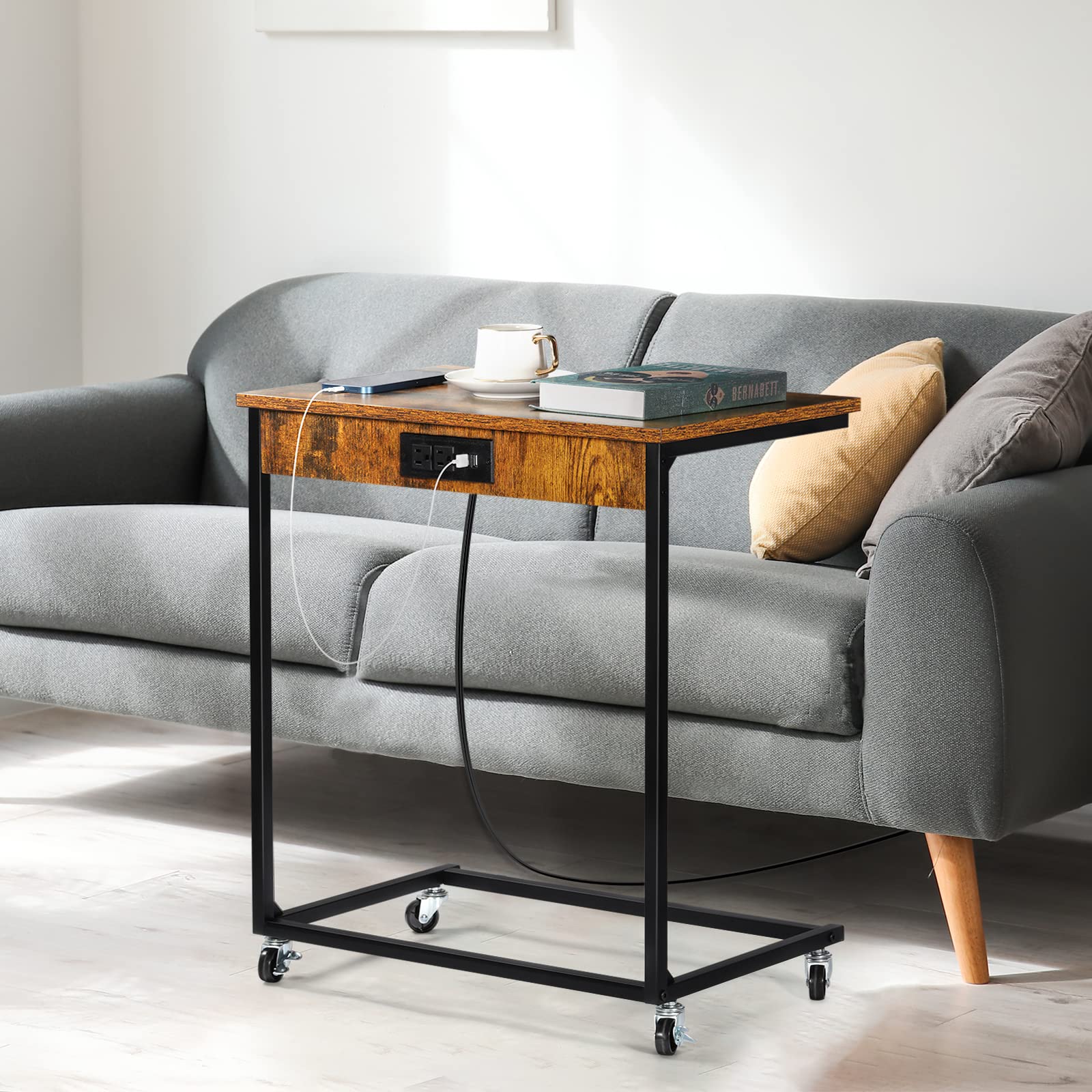 NORCEESAN C Couch Side Table with USB Ports and Outlets Mobile Snack Table for Sofa Side Laptop C Shaped Table with Charging Station for Bedside Living Room, Farmhouse Brown