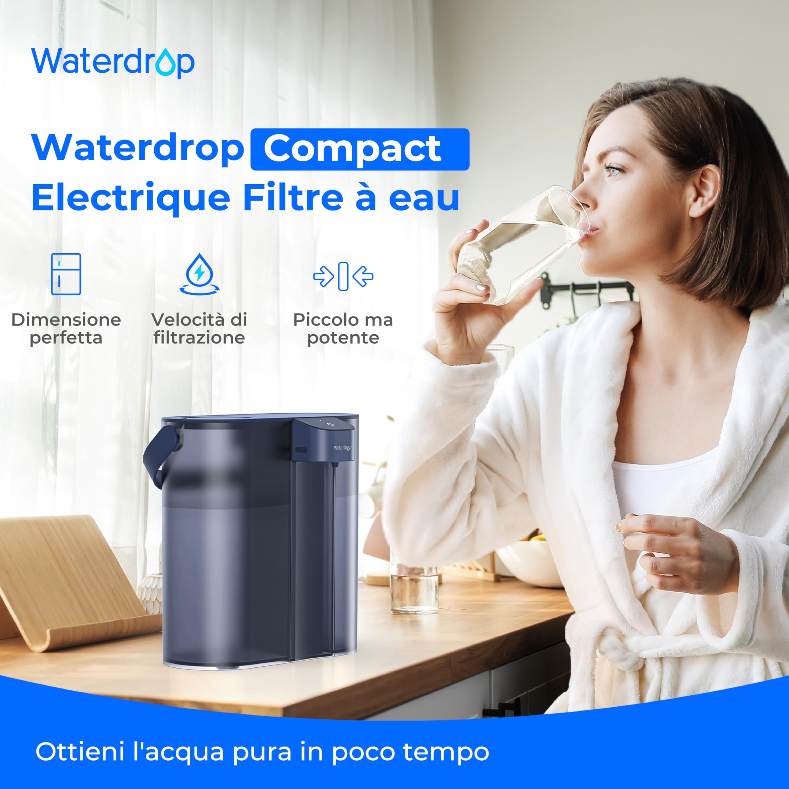Waterdrop Caraffa Filtrante per Frigorifero Elettrico Istantaneo con Filtro 3 Mesi, Sistema di Filtraggio dell'Acqua da Banco, Riduce Cloro, Piombo, Mercurio, Riduce PFAS, 757 Litri, Blu