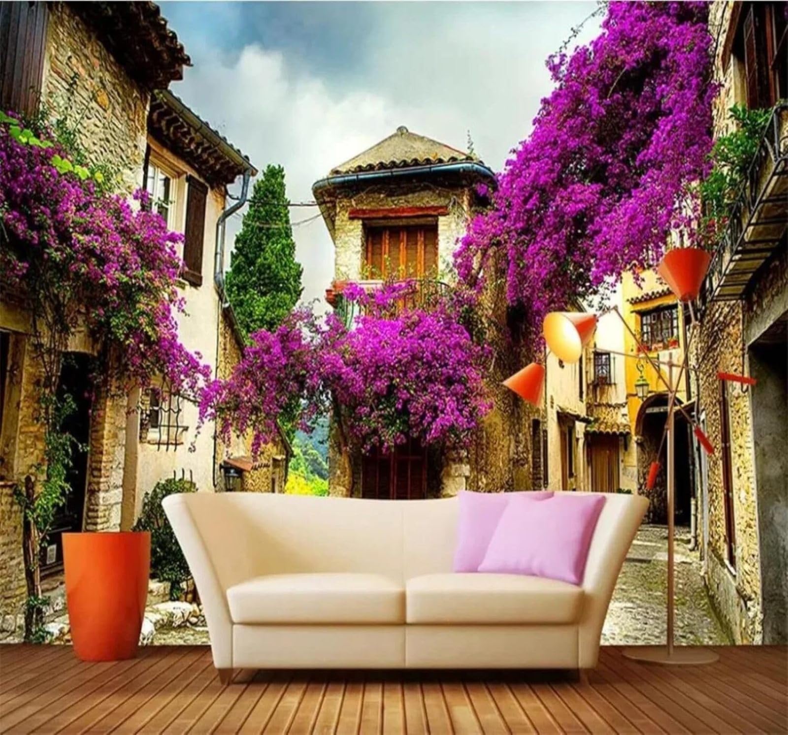 XLMING Vintage Urban Architecture Purple Flowering Vines Scenery 3D Wallpaper Silky Texture Home Study Office Grey Dining Room Sofa Bedroom Living Room TV Backdrop-350cm×256cm
