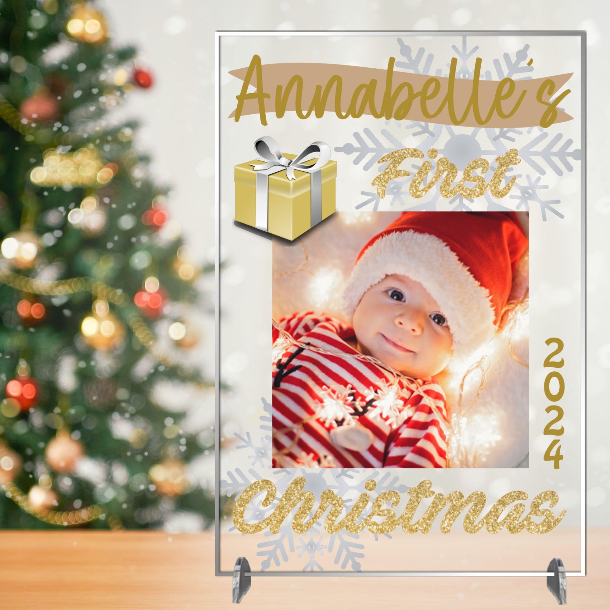 Personalised Baby's First Christmas Photo Plaque - Custom Name and Year in Either Gold, Pink or Festive Tree 1st Xmas Baby Designs (Gold, Acrylic - A5-21cm x 14cm)