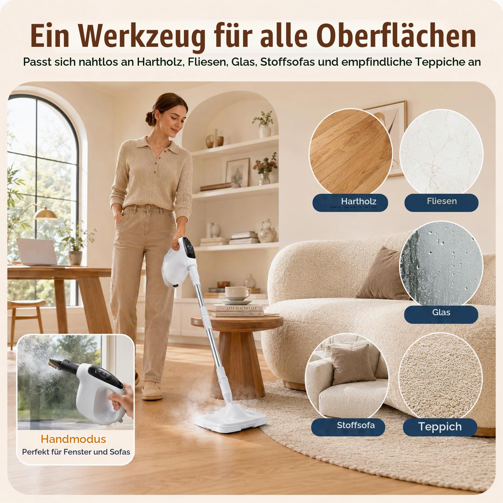 Dampfreiniger multifunktional, mit abnehmbarem Handdampfreiniger, 15S Schnelle Aufheizung Dampfwischer, 3 Dampfstufen, 11 Zubehörteile, 500ML Tank, für Böden, Fliesen, Teppiche, Küche und Fenster