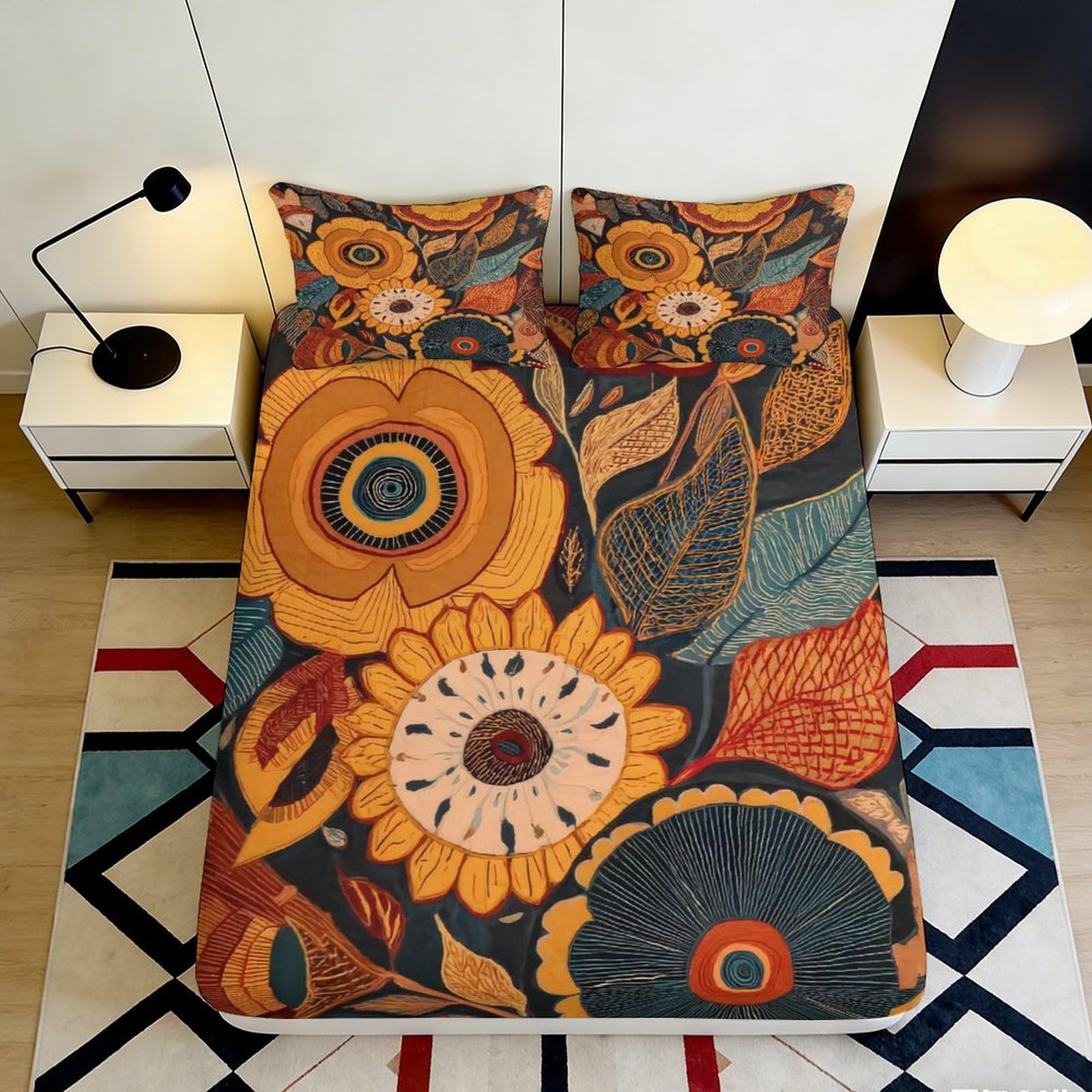 Uxinyoume Style-2 3D Printed Sunflower Abstract Fitted Sheet Microfiber Vibrant Floral Bed Cover For Bedroom Guest Room Decor Easy Care 90X200x25cm