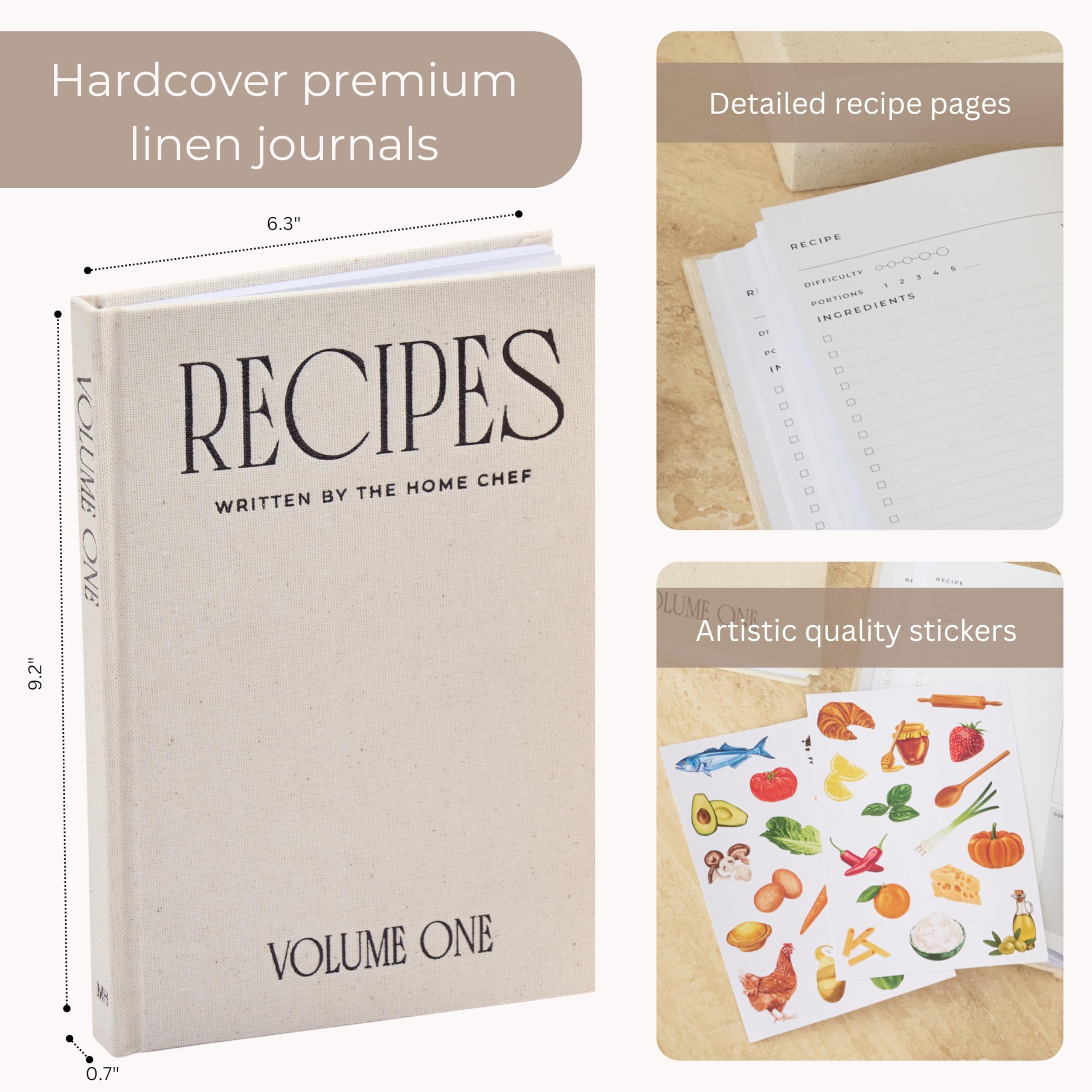 Moncur Home Juego de 2 libros de recetas en blanco para escribir en tus propias recetas, caja de recetas de lino beige, hojas adhesivas, cuaderno de recetas, libro de cocina, diario de recetas,