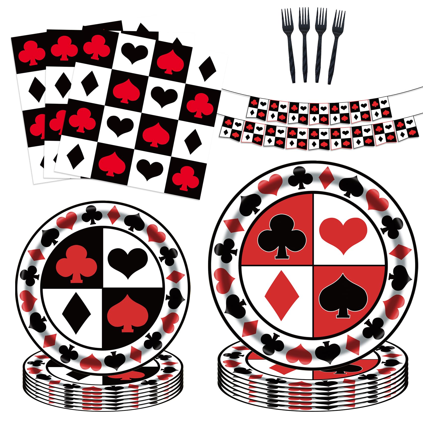 Casino Party Supplies Kit for 24 Guests - 97 Pcs Including Plates, Forks, Napkins, Bunting - Ideal for Casino Night and Poker Club Birthdays