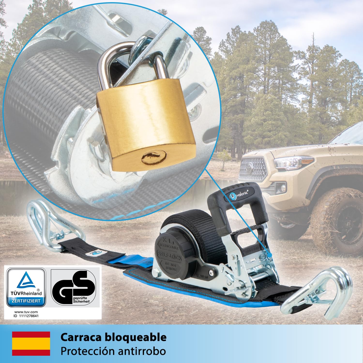 valonic Grizzly - 2X 5m XXL Cinchas de Amarre automáticas con mosquetón, 35mm, 800/1600 KG, Acolchadas, Certificado TÜV Rheinl. & GS, EN-12195-2 - con trinquete, Negro