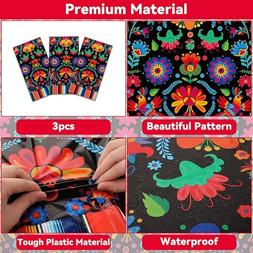 Miniatura 3 de Qyeahkj Mantel de plástico para fiesta mexicana, 3 unidades, 108 x 54 pulgadas, mantel de plástico para Día de los Muertos, decoración de Día de los
