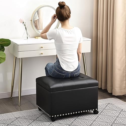 Miniatura 44 de Taburete otomano rectangular de cuero de 24 pulgadas con ribete de cabeza de clavo, cofres de juguetes y organizador de almacenamiento para Negro