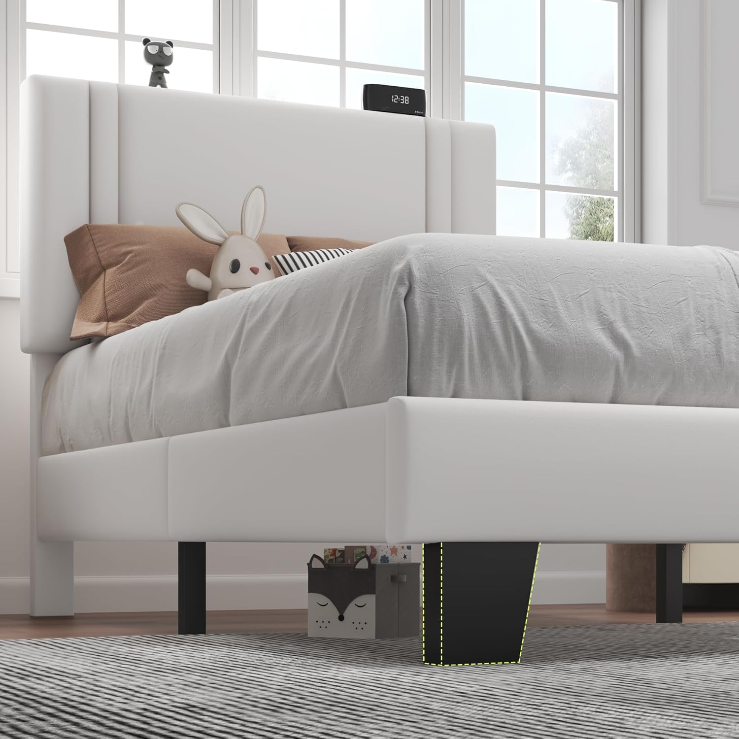 Feonase Twin Platform Bed Frame, Velvet Upholstered Wingback Bed Frame, Solid Wood Slats & Heavy Duty Feet Support, No Box Spring Needed, Noise-Free, Easy Assembly, White