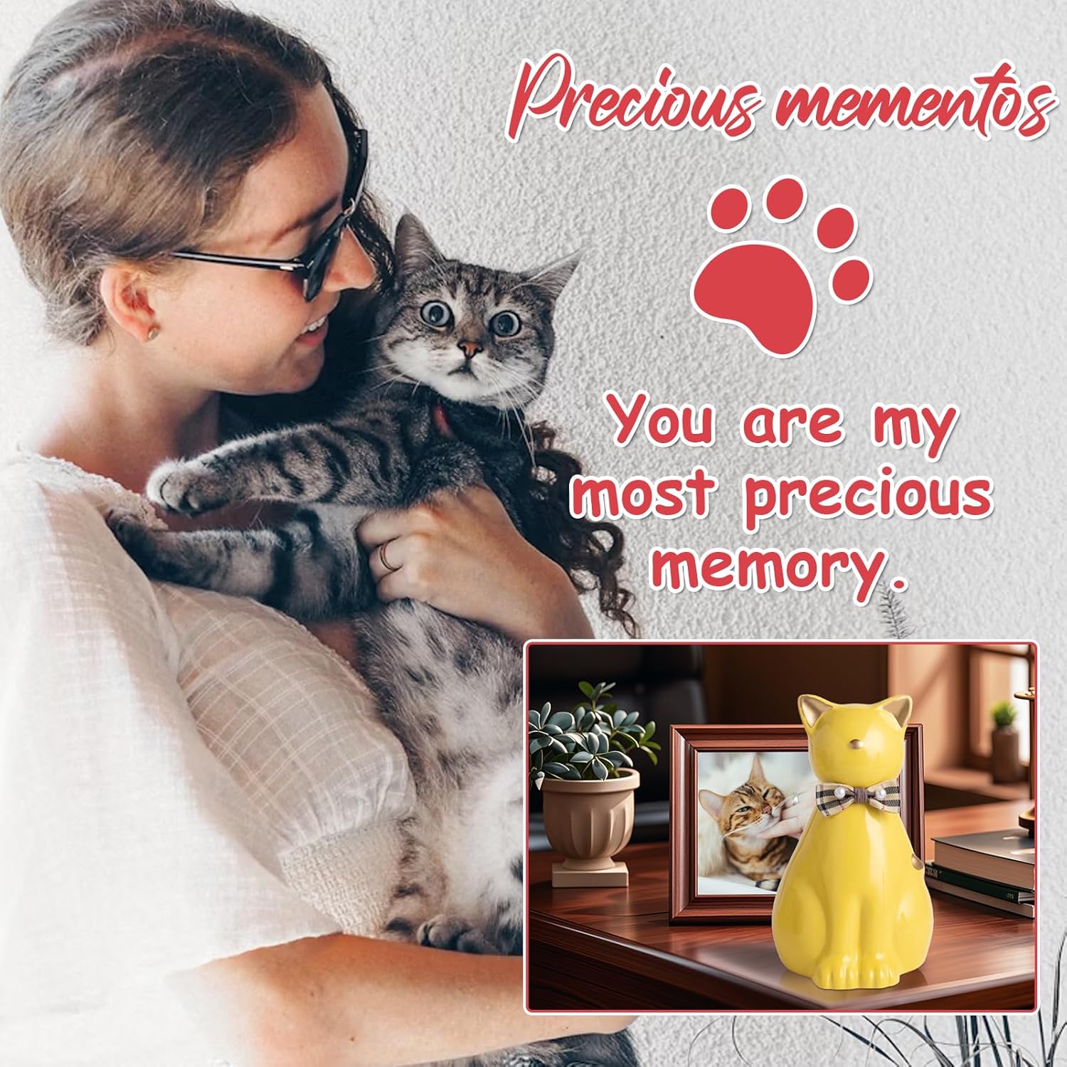 ETIAL Ceramic Pet Urn for Ashes, Cat Shaped 850ML Funeral Cremation Urn for Small Dogs & Cats, Angel Themed Memorial Keepsake Box, Handmade Heartfelt Sympathy Gift for Pet Loss (Black)