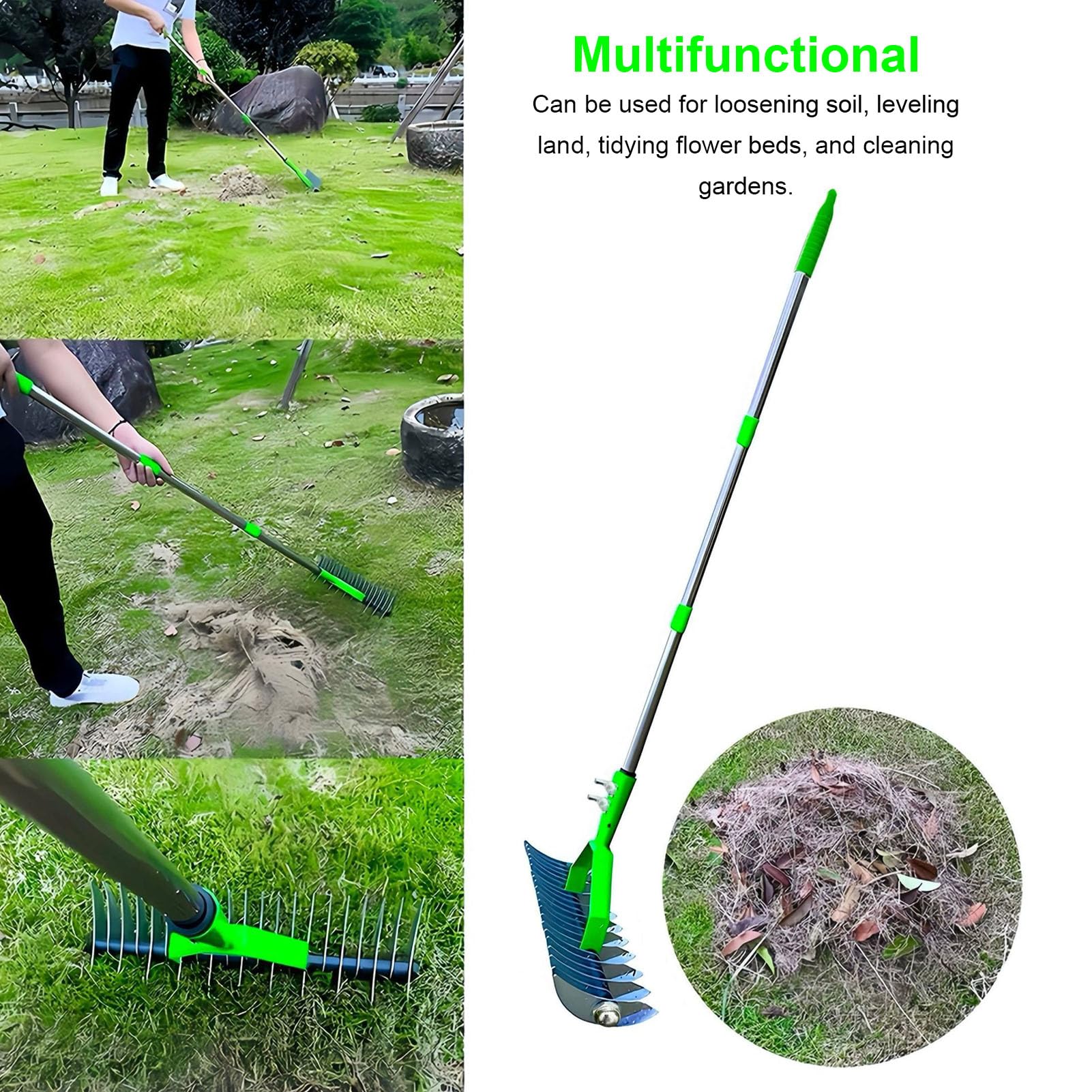 Rastrello da giardino in acciaio con manico staccabile a doppio design per la cura del prato e la rimozione dei detriti dalle foglie