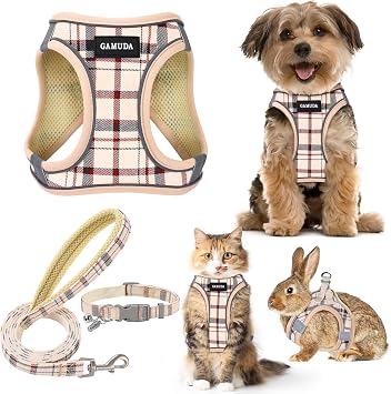 GAMUDA Small Dog Harness Collar and Leash Set, Step in No Chock No Pull Soft Mesh Adjustable Dog Vest Harnesses Plaid Reflective for Dogs Puppy Cats Kitten Rabbit (Beige Red, S)