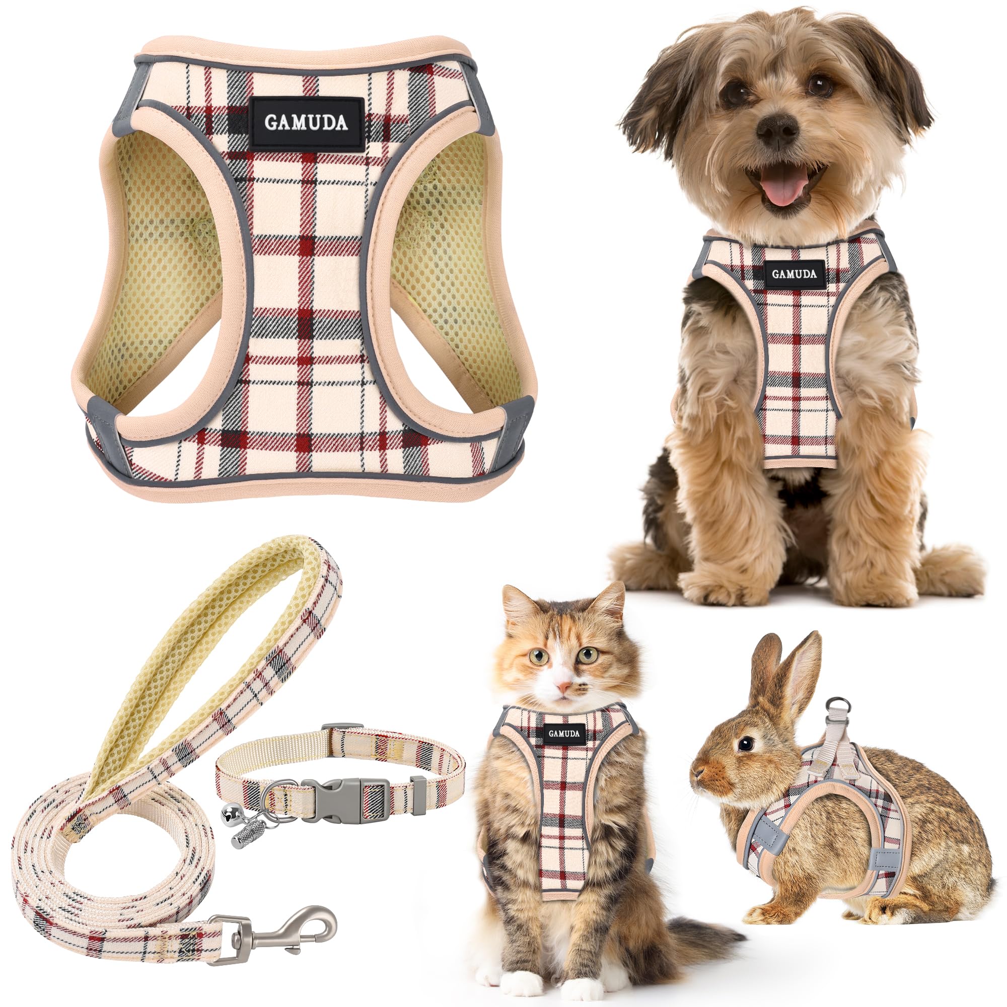 GAMUDA Small Dog Harness Collar and Leash Set, Step in No Chock No Pull Soft Mesh Adjustable Dog Vest Harnesses Plaid Reflective for Dogs Puppy Cats Kitten Rabbit (Beige, S)