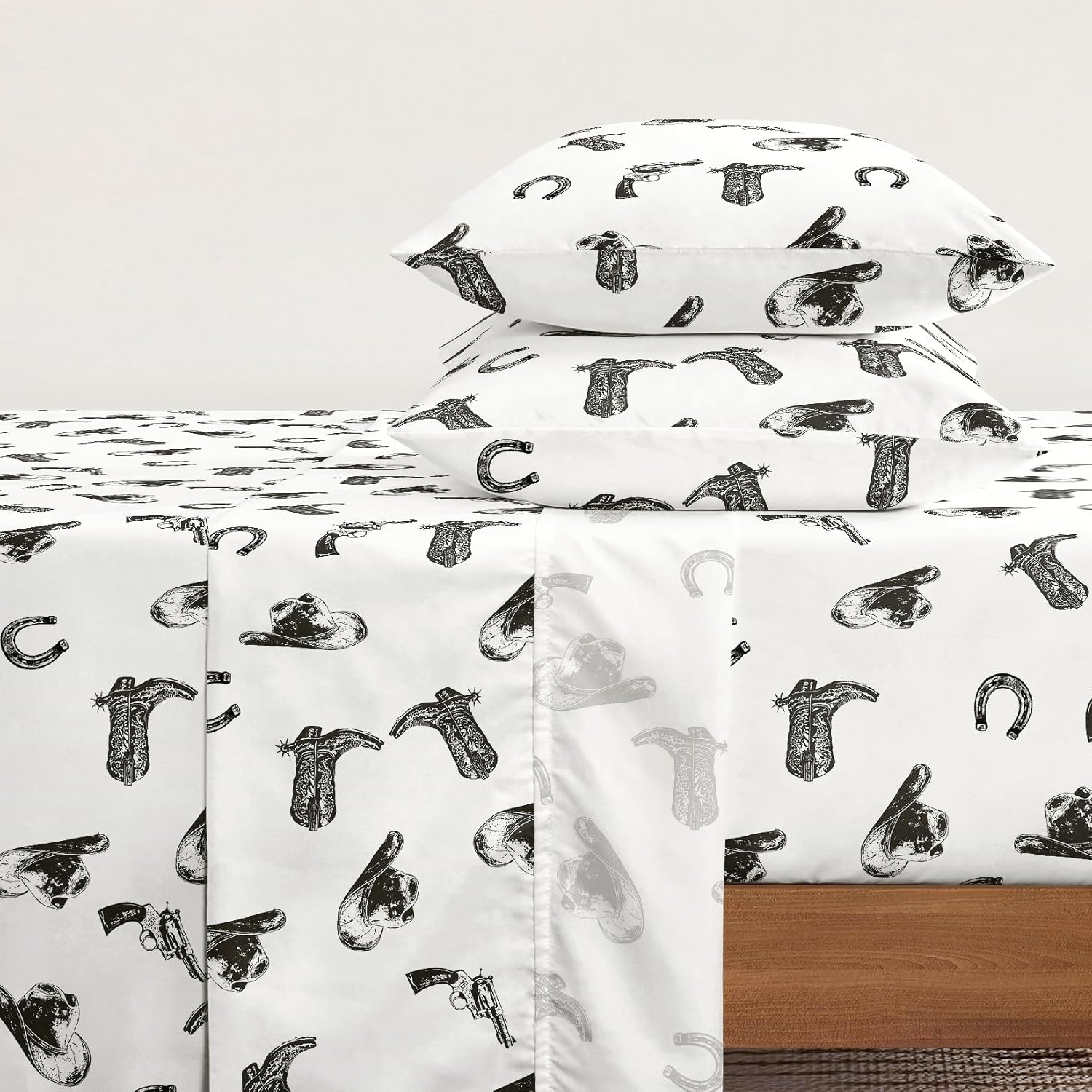 Wake In Cloud - Western Bed Sheets, 4-Piece Sheet Set, Rustic Ranch Style with Cowboy Southwestern Vintage Country Pattern Printed Bedding, Deep Pocket, Black White, Queen Size - Image 3