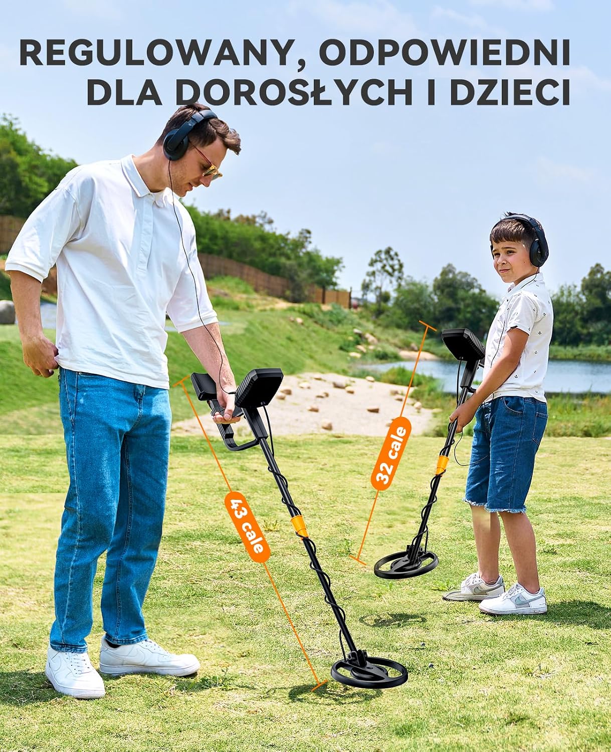 Metal detector adjusted for adult and child use, showing different stem lengths.