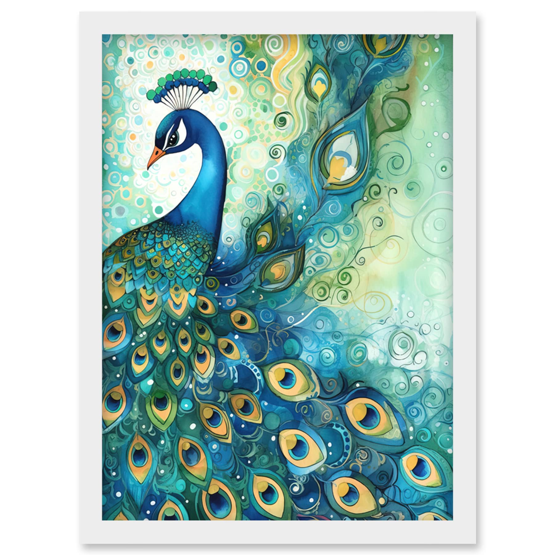 Artery8 Peacock Bird Concept Folk Art Watercolour Painting Artwork Framed Wall Art Print A4