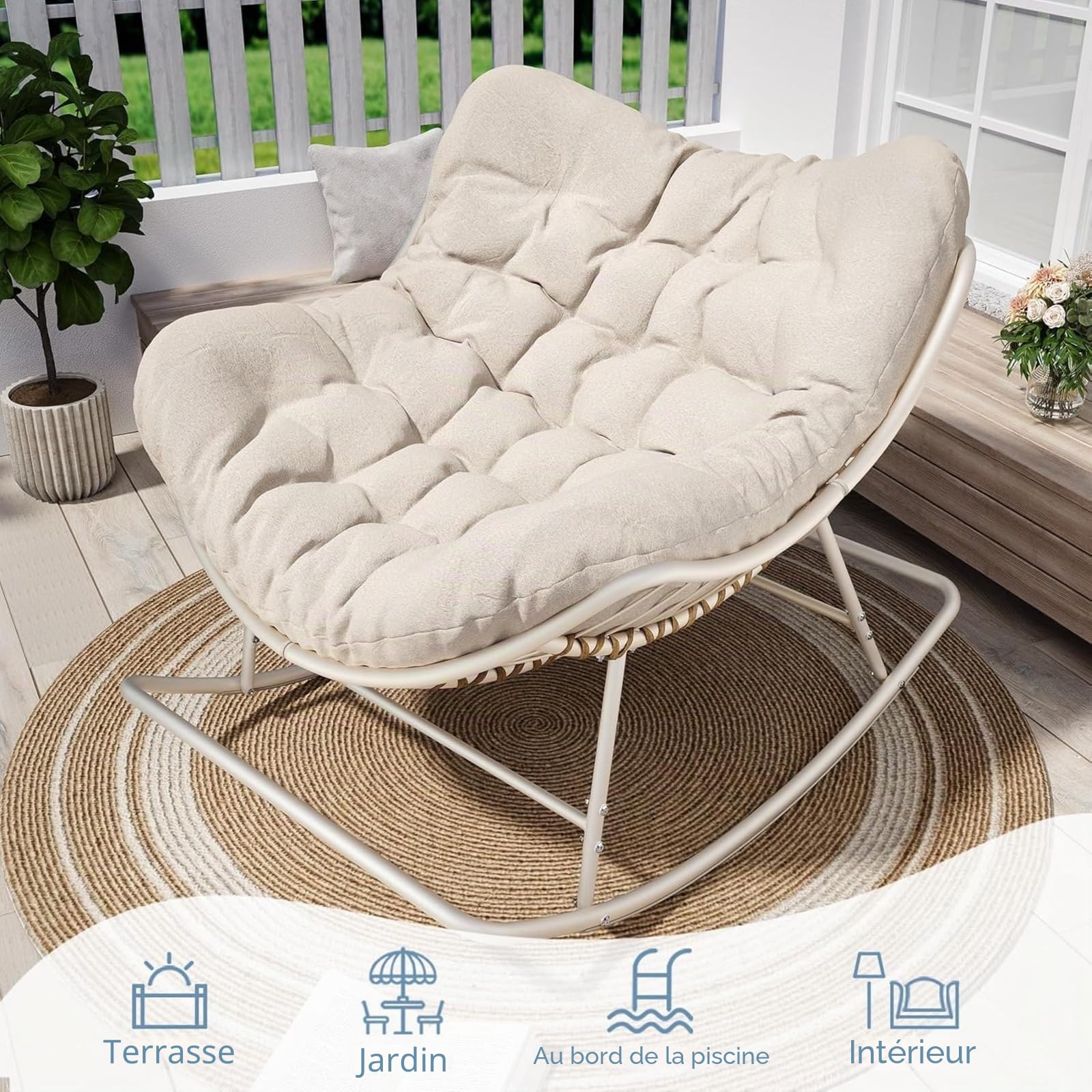 Chaise à bascule surdimensionnée en rotin tissé en forme d'œuf avec coussin, capacité de charge de 204 kg, utilisation en intérieur et en extérieur, pour balcon, salon, terrasse – Rotin polyéthylène