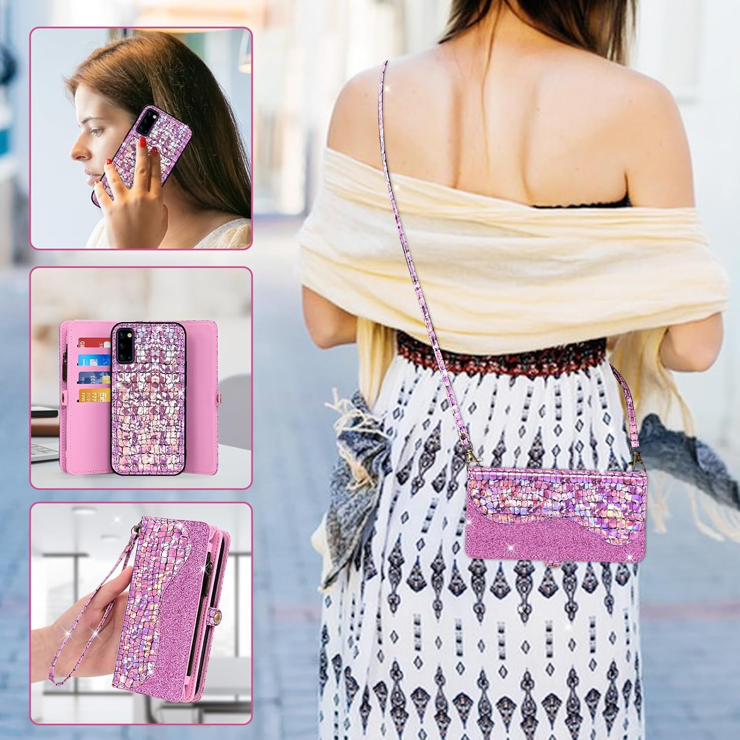 Asuwish Phone Case for Samsung Galaxy Note 20 5G Zipper Wallet Detachable Cover with Screen Protector and Card Holder Slot Wrist Strap Cell Accessories Note20 Notes 20s Twenty Not S20 Women Men Pink