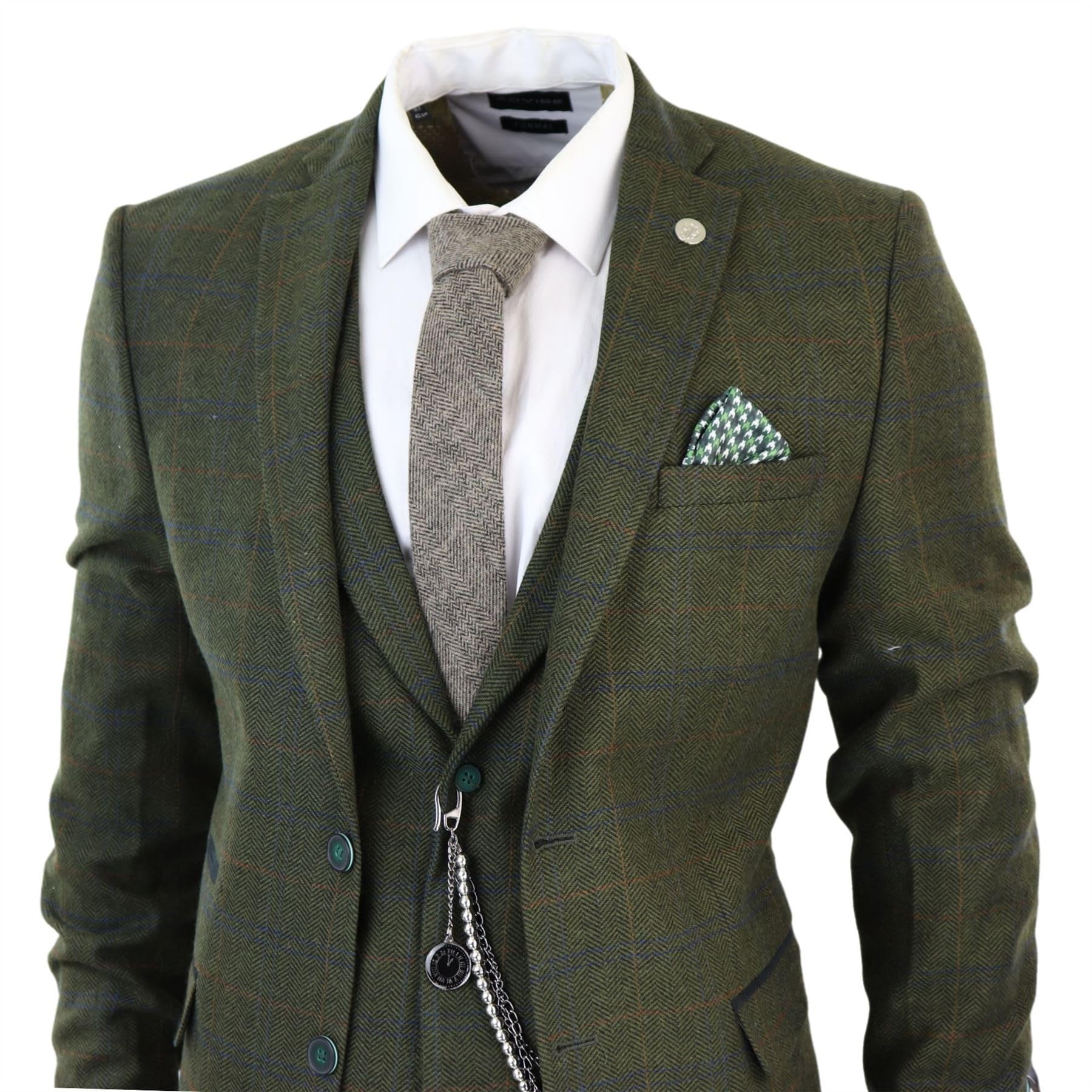 Costume Homme 3 Pièces en Tweed de Laine Mélangée à Carreaux Style Années 20 pour Un Look Habillé Festif | Vert Olive