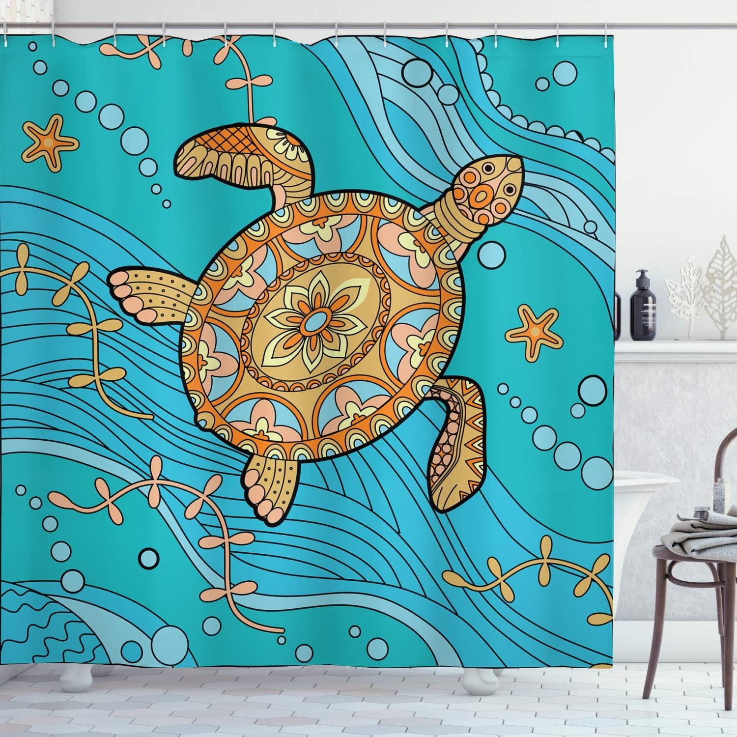 Ambesonne Turtle Shower Curtain, Doodle of Sea Turtle on Water Surface Maritime Inspirations Pattern Artwork, Cloth Fabric Bathroom Decor Set with Hooks, 69" W x 70" L, Turquoise