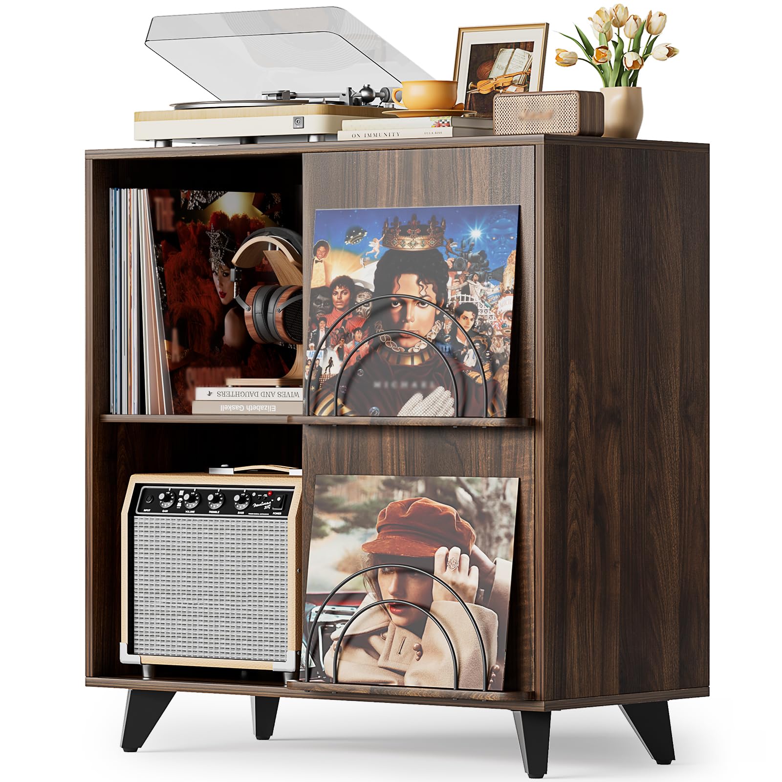 Bikoney Mobile Vinili - Mobiletto per Giradischi con Espositore Album | Supporto per giradischi e casse con 1 cassetto. Mobile TV retrò e credenza per dischi in legno.