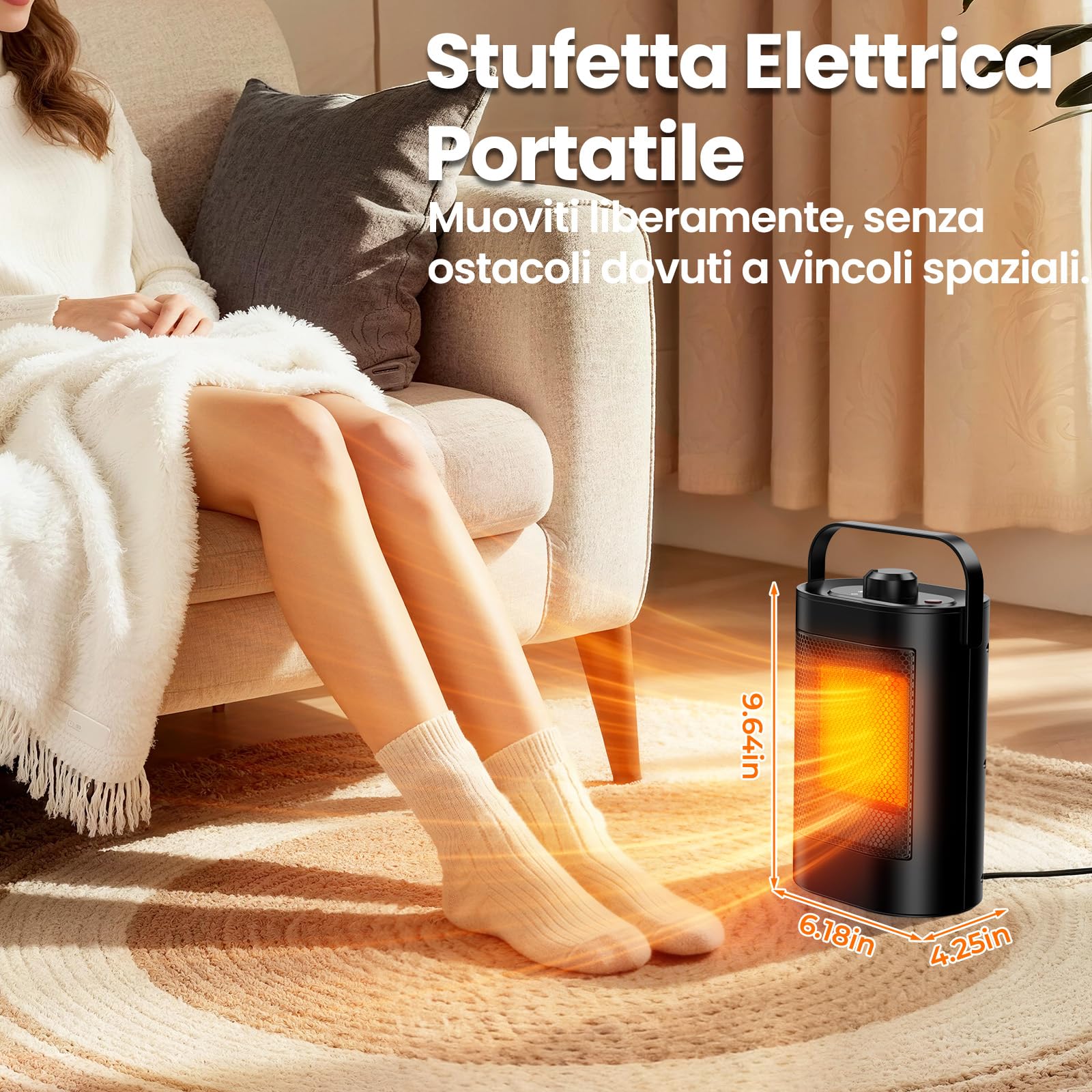 Stufetta Elettrica Basso Consumo 1500W per Uso Domestico, 3 modalità, in Ceramica PTC, Protezione da Surriscaldamento e Ribaltamento, Stufe Elettriche Portatile per Soggiorni, Uffici