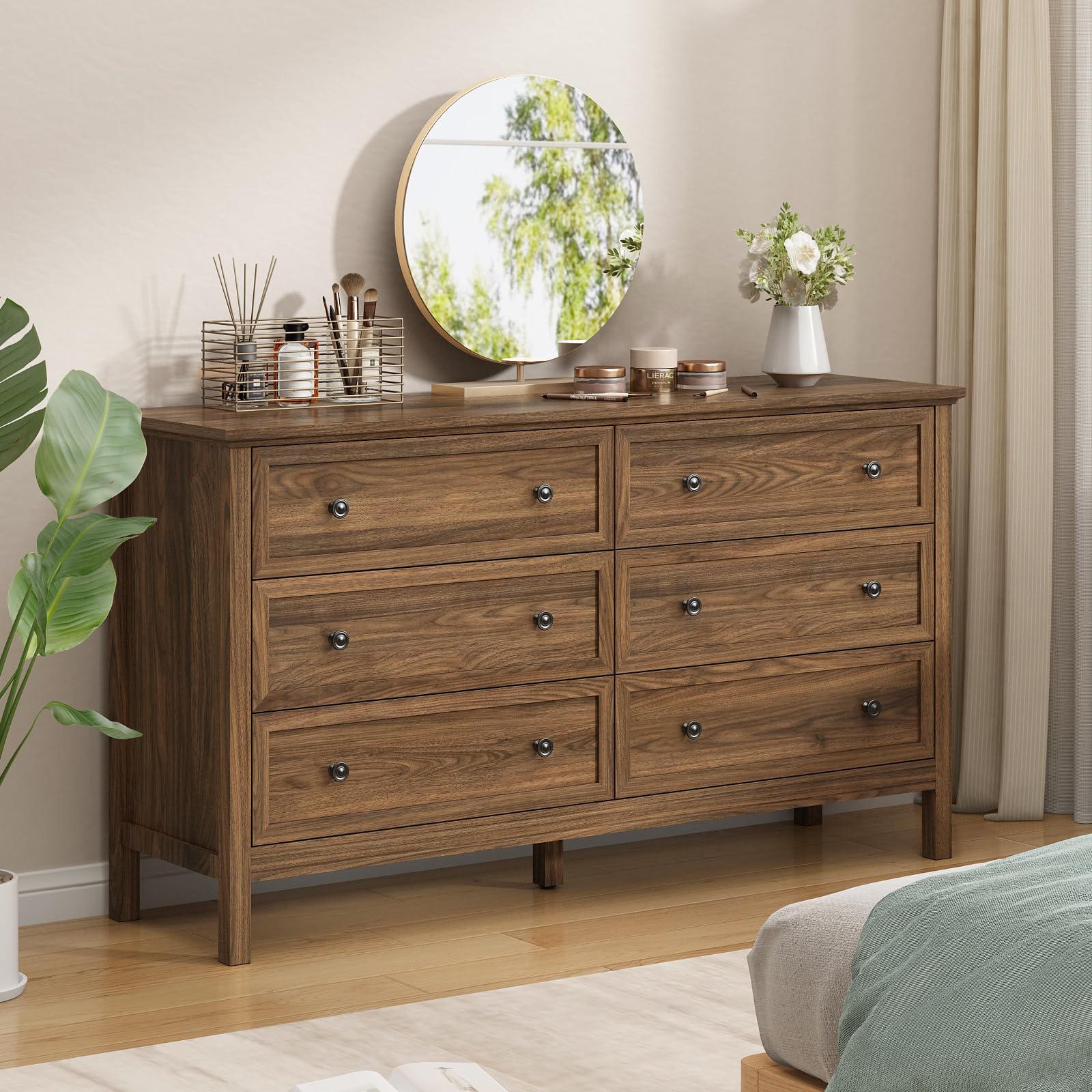 walnut dresser with gold hardware Mid-Century Modern Walnut 6-Drawer Dresser with Chrome Pulls