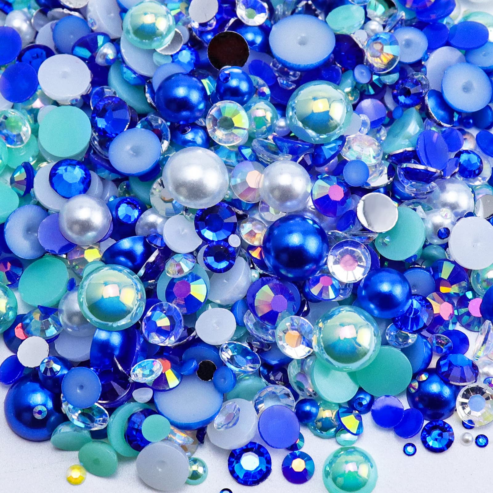 60g Mix Flatback Pearls and Flatback Rhinestones for Crafts, 2mm-10mm Blue Green White Pearl Rhinestones for Nail Face Art Tumblers, Jelly Rhinestones and Half Pearls, with Tweezers Wax Pen