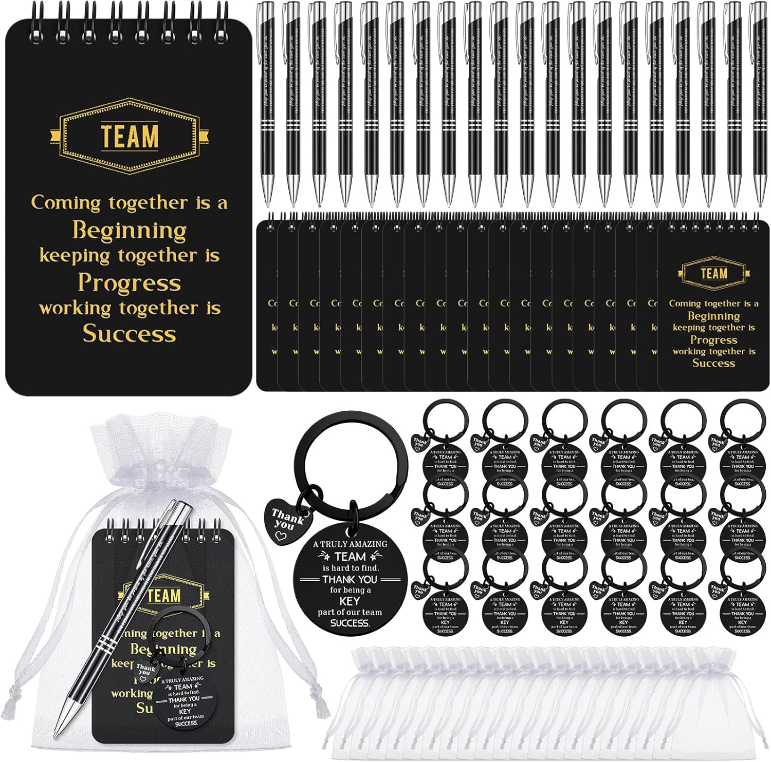 Fulmoon 80 Pcs Employee Appreciation Gifts Set Include Notepad Pen Thank You Keychain Organza Bag, Going Away Retirement Birthday Christmas Team Gift for Member Coworker(Black,Team)