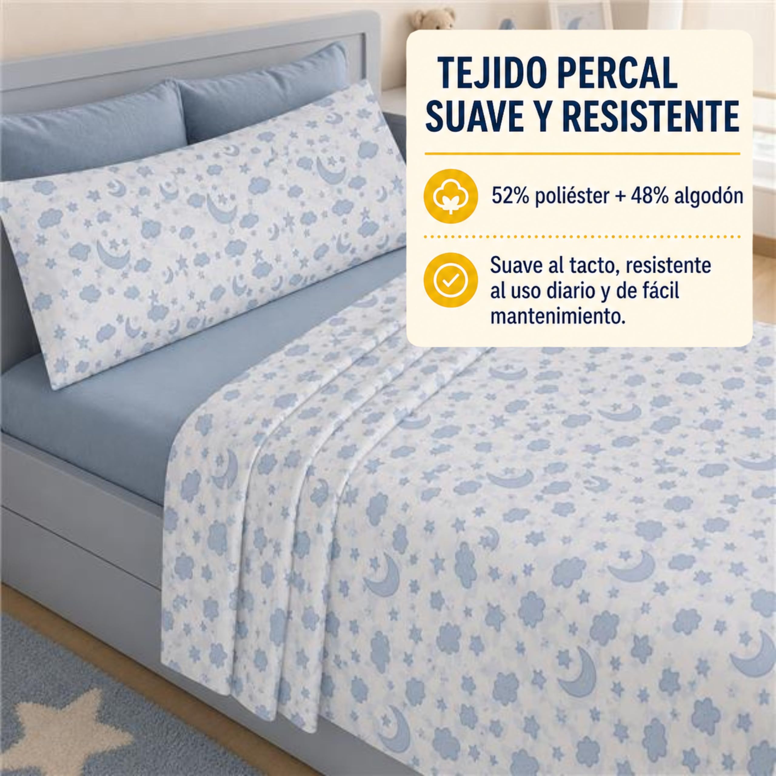 Juego de Sábanas Infantil Cama 90, 3 Piezas con Bajera Ajustable, Encimera y Funda de Almohada, Percal 52% Poliéster 48% Algodón, Ropa de Cama Niño Niña (Moon Azul, para Cama de 90x190/200)