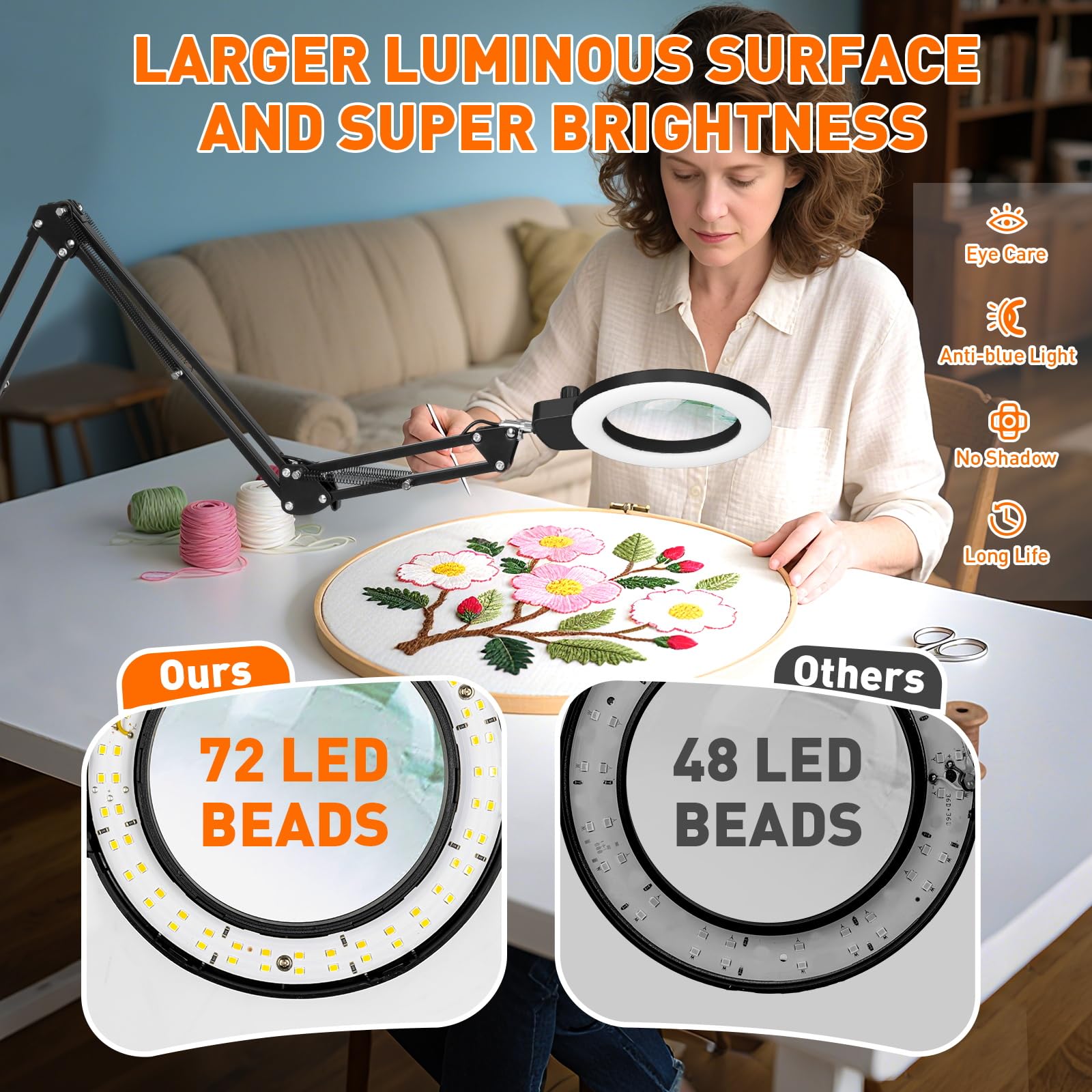 KIRKAS 12-fache Lupe mit Licht und Ständer, extra langer Armknopf | Lupenlampe für Werkbank, Handwerk, Nähen, LED-beleuchtete Lupe, Echtglaslinse, stufenloses Dimmen und Farbe (88,9 cm Klemme)