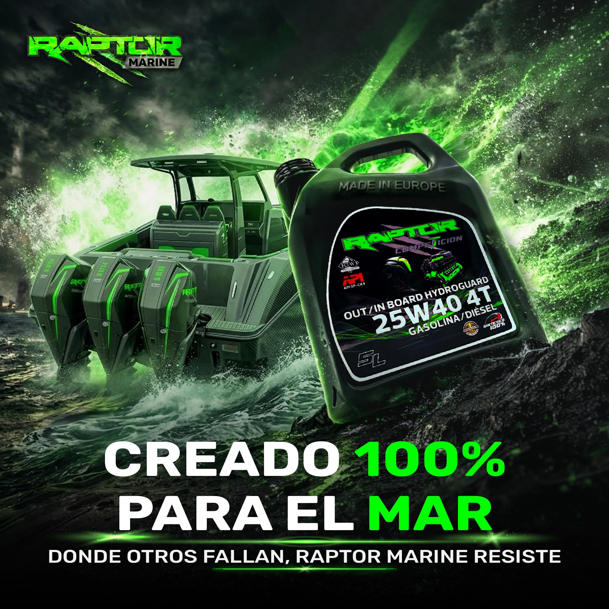 Raptor Marine - Aceite Motor Marino 25W40 100% Sintético Hydroguard | 5L | Fueraborda e Intraborda 4T | Gasolina y Diésel | Anticorrosión | NMMA FC-W, API SP