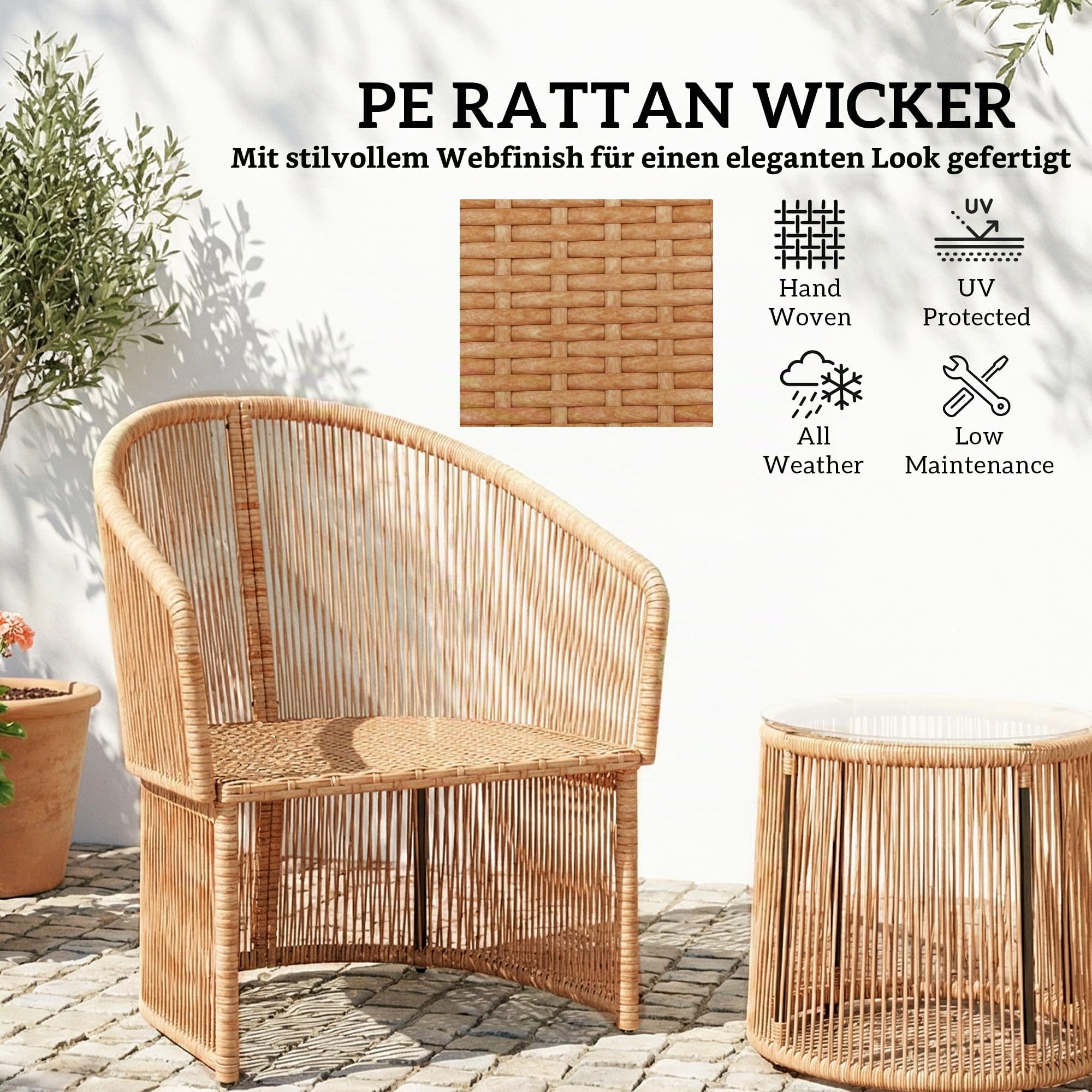 Outsunny Polyrattan Gartenmöbel Set mit Kissen für 2 Personen Cremeweiß