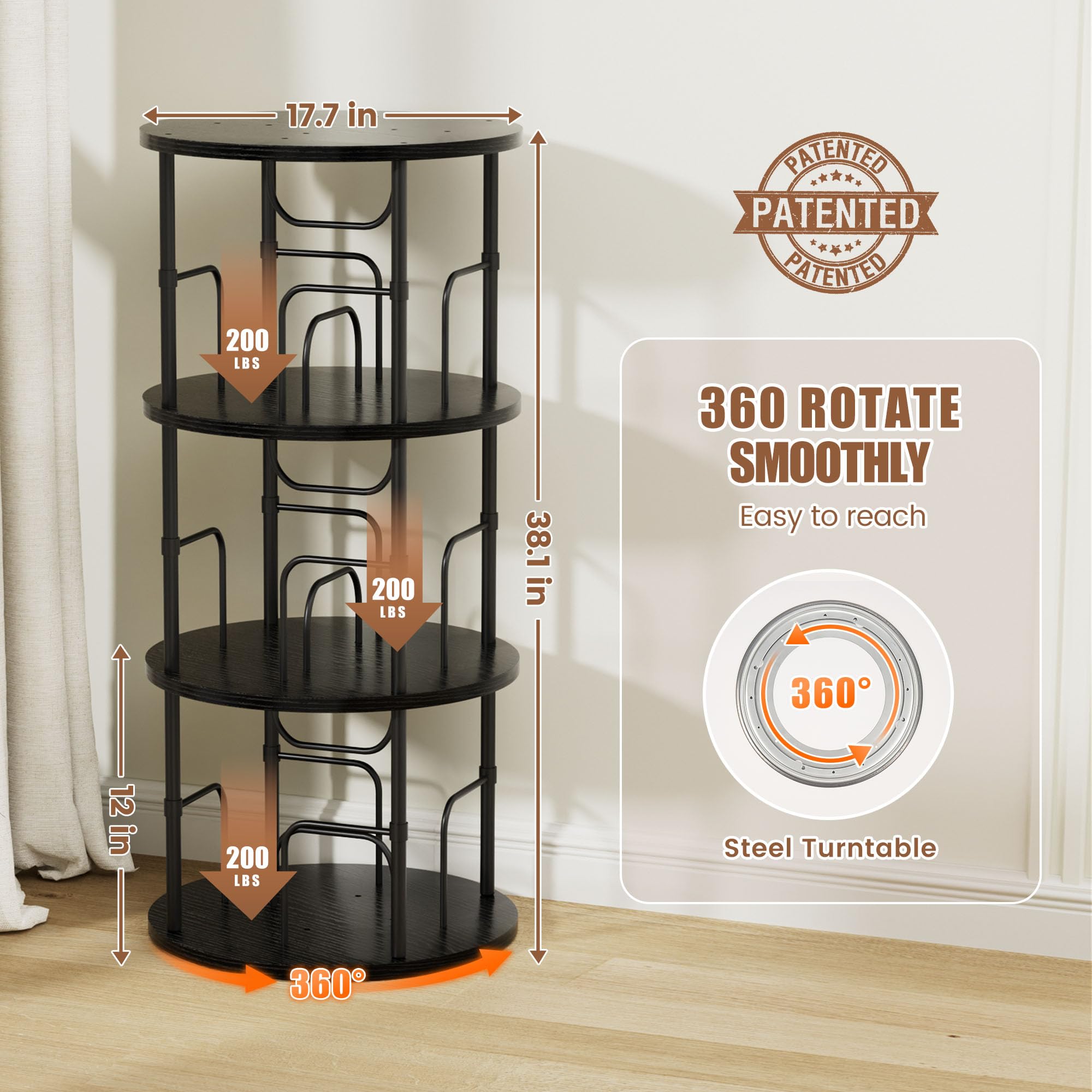 Generisch 360° draaibare boekenplank, vloerstandaard boekenkast van hout, boekenplank met 3 niveaus, verstelbare niveaus, vrijstaand rek, 45×45×97cm, zwart