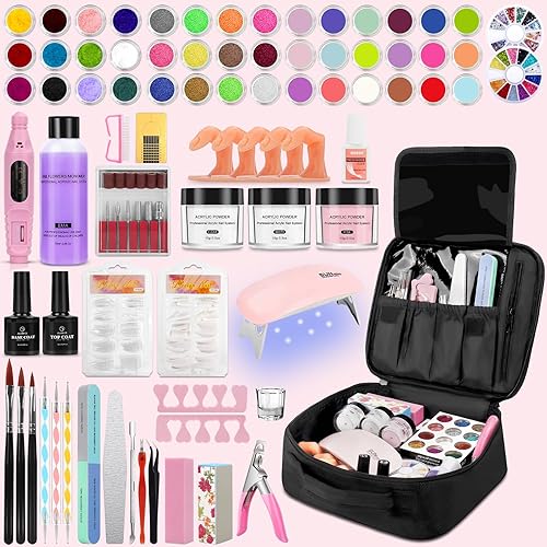 Kit de uñas acrílicas de 42 colores con taladro y luz UV, polvo de uñas acrílico, purpurina y líquido monómero con bolsa de almacenamiento de uñas,