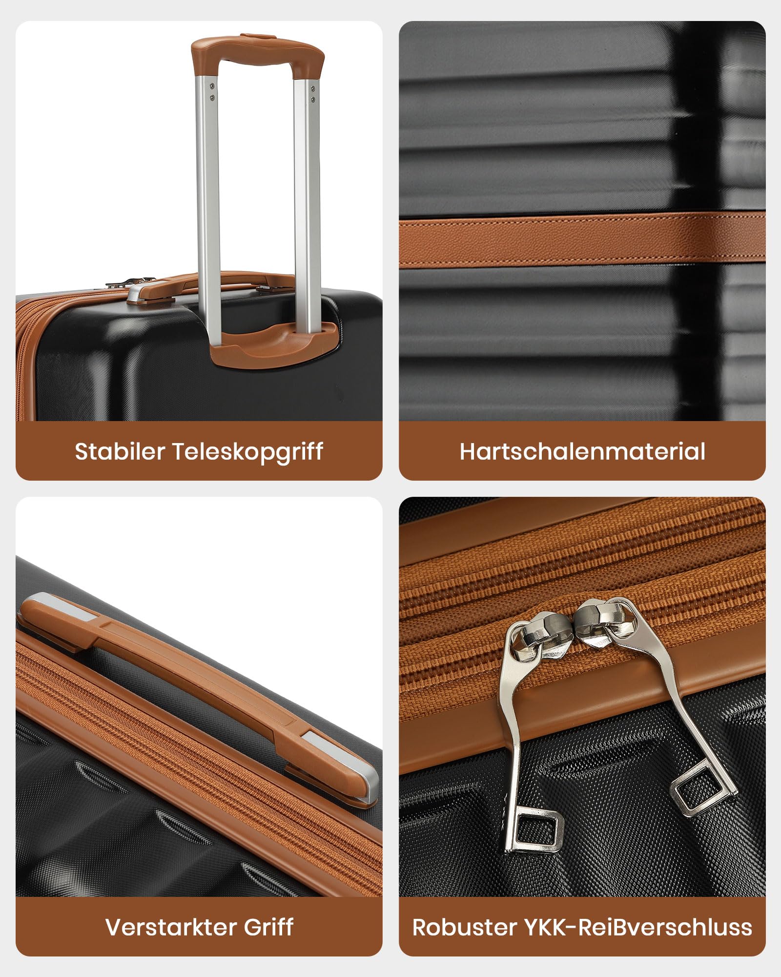 KONO Reisekoffer Set 3-teilig, Erweiterbar Hartschalenkoffer Mittelgroß mit 4 Rollen und TSA Schloss, leichte ABS+PC Trolley inkl Reisetasche und Kulturbeutel, ideal für Geschäftsreise, Schwarz/Braun